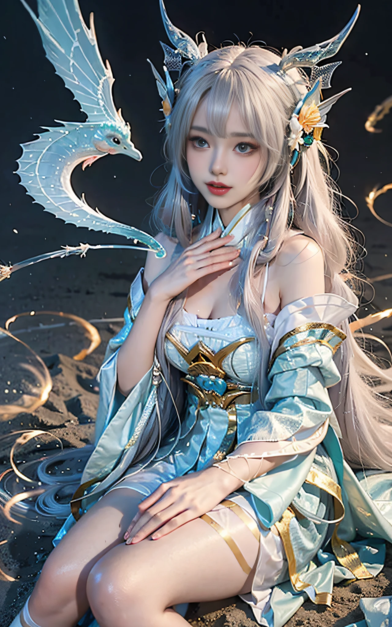 Close-up of women in costumes on stage, full body fairy, beautiful celestial mage, stunning young ethereal characters, beautiful fantasy queen, astral witch costume, sand stream, flowing magic robe, white Hanfu, fairy fantasy, beauty Delfin, ethereal fantasy, elegant and charming cosplay, Hirase Jinyao, sitting on the ground, charming and colorful, very coquettish