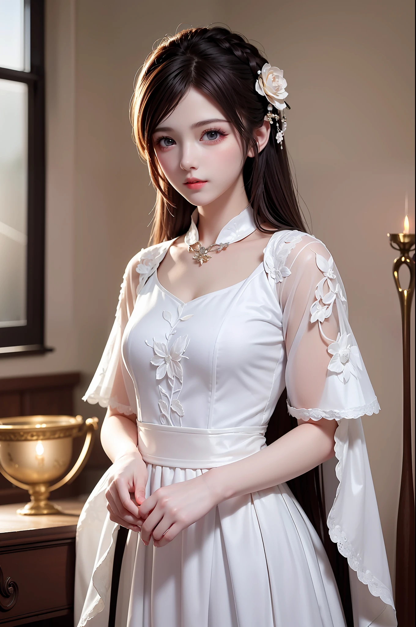 ((Masterpiece))), ((Best quality))), ((Ultra detail)), (an ultra realistic), (High Definition CG Illustration), cinematic light, Photorealistic,Very Beautiful 12 Year Old Lady,12 Year Old Daughter, Light makeup, Intricate Details EABA, White Intricate Lace Cloak, Dynamic pose, Spear