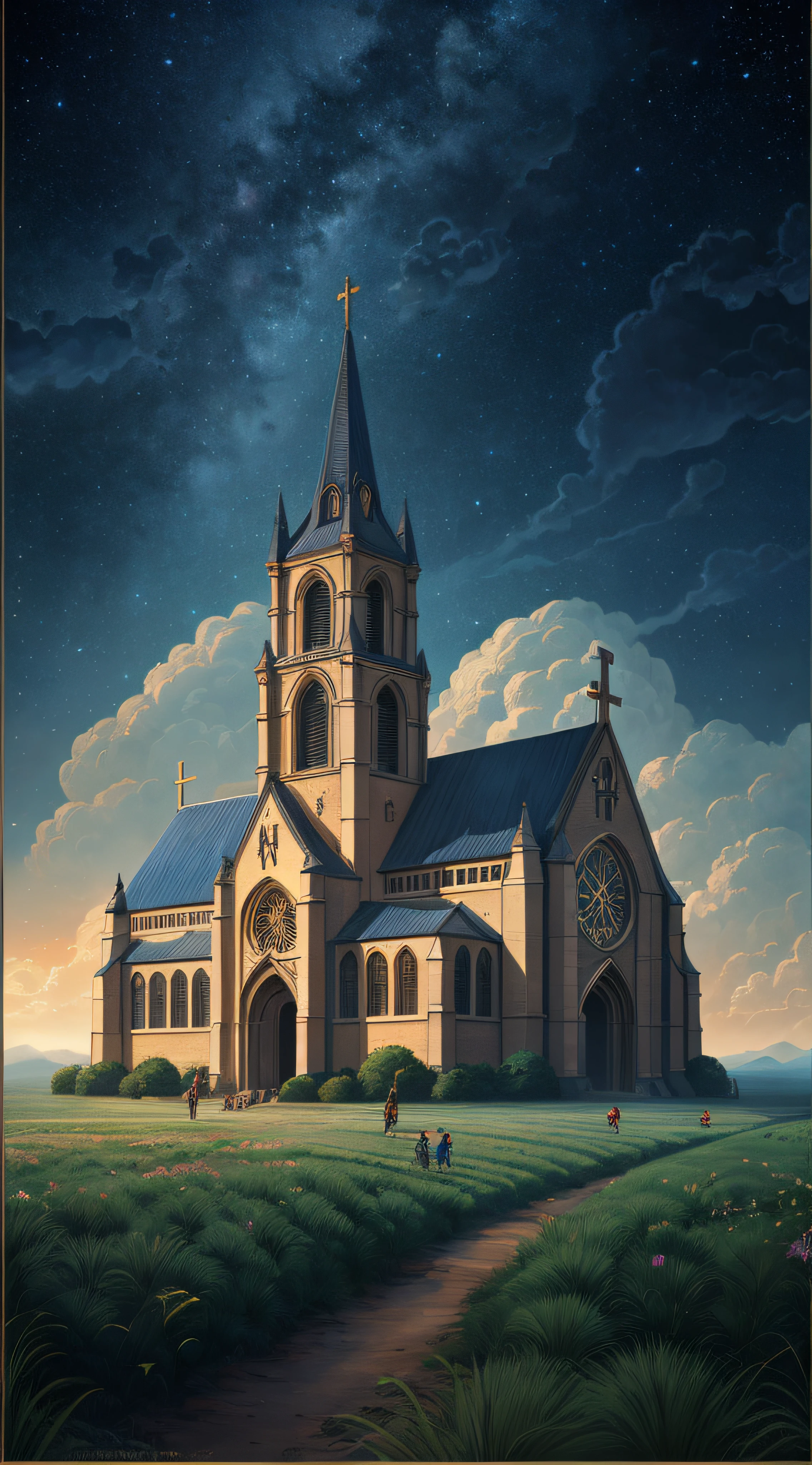 realistic photopraph of the church in ruigoord with a starry night sky where birds flying through the clouds ,children playing in a field of green lush nature with trees raising hands and wearing gloves , 4k highly detailed digital art, epic fantasy sci fi illustration, detailed dreamscape, 4k detailed digital art, detailed fantasy digital art, beautiful art uhd 4 k, dan mumford and alex grey style, sci-fi fantasy wallpaper, detailed digital 2d fantasy art, fantasy space, detailed painting 4 k