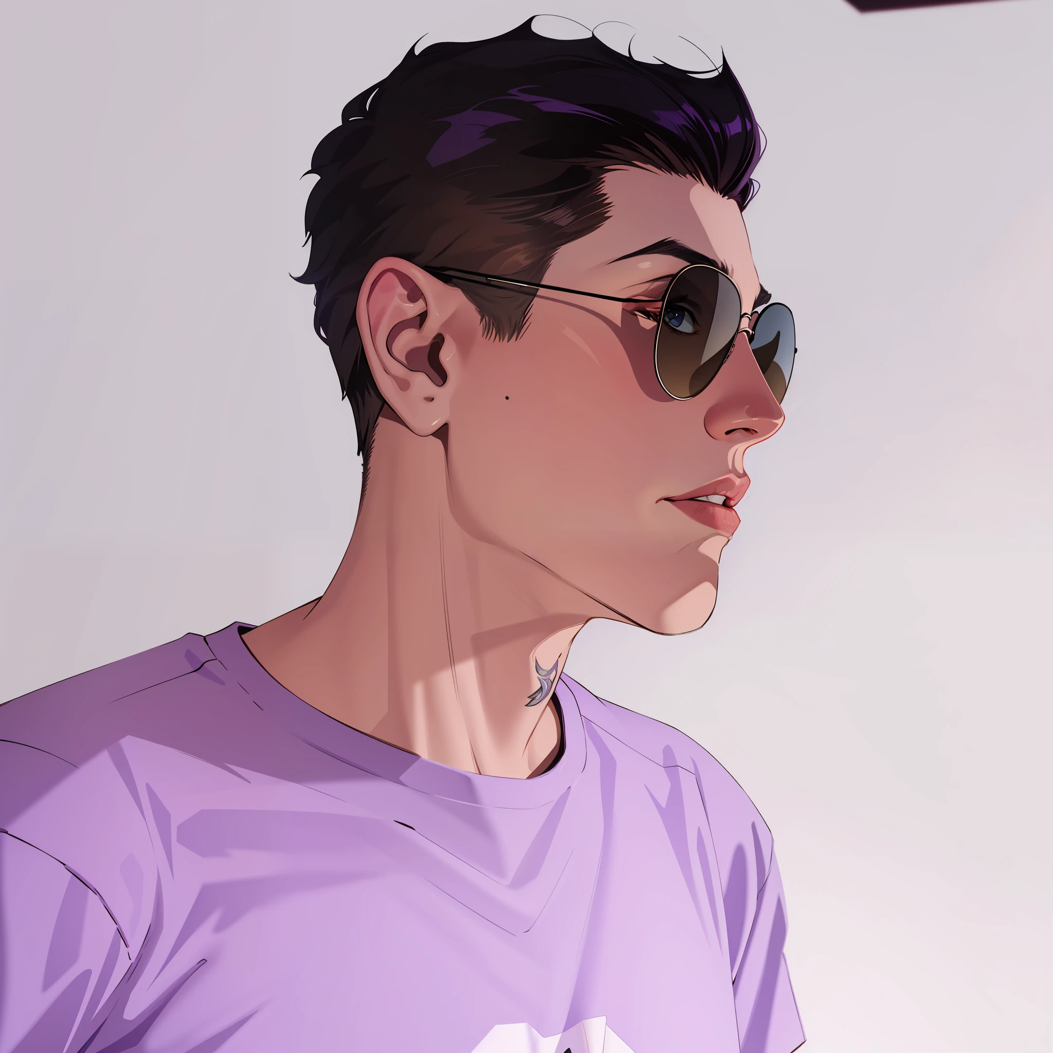 Comic style, inked, lineart style, man wearing sunglasses and a purple shirt, influencia de DeviantArt, dynamic lighting, cinematic shadows, flat art, uhd