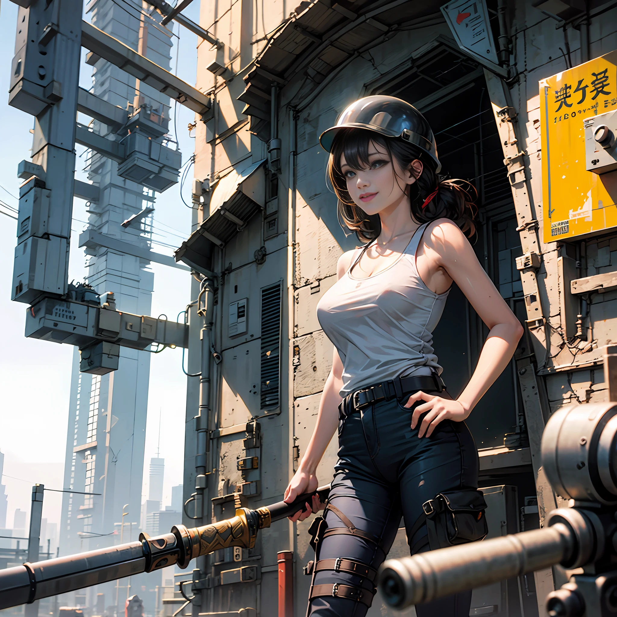 Construction site、helmet、Work pants、Older sister in a tanned tank top、perspiration、a smiling look、pickaxe --auto