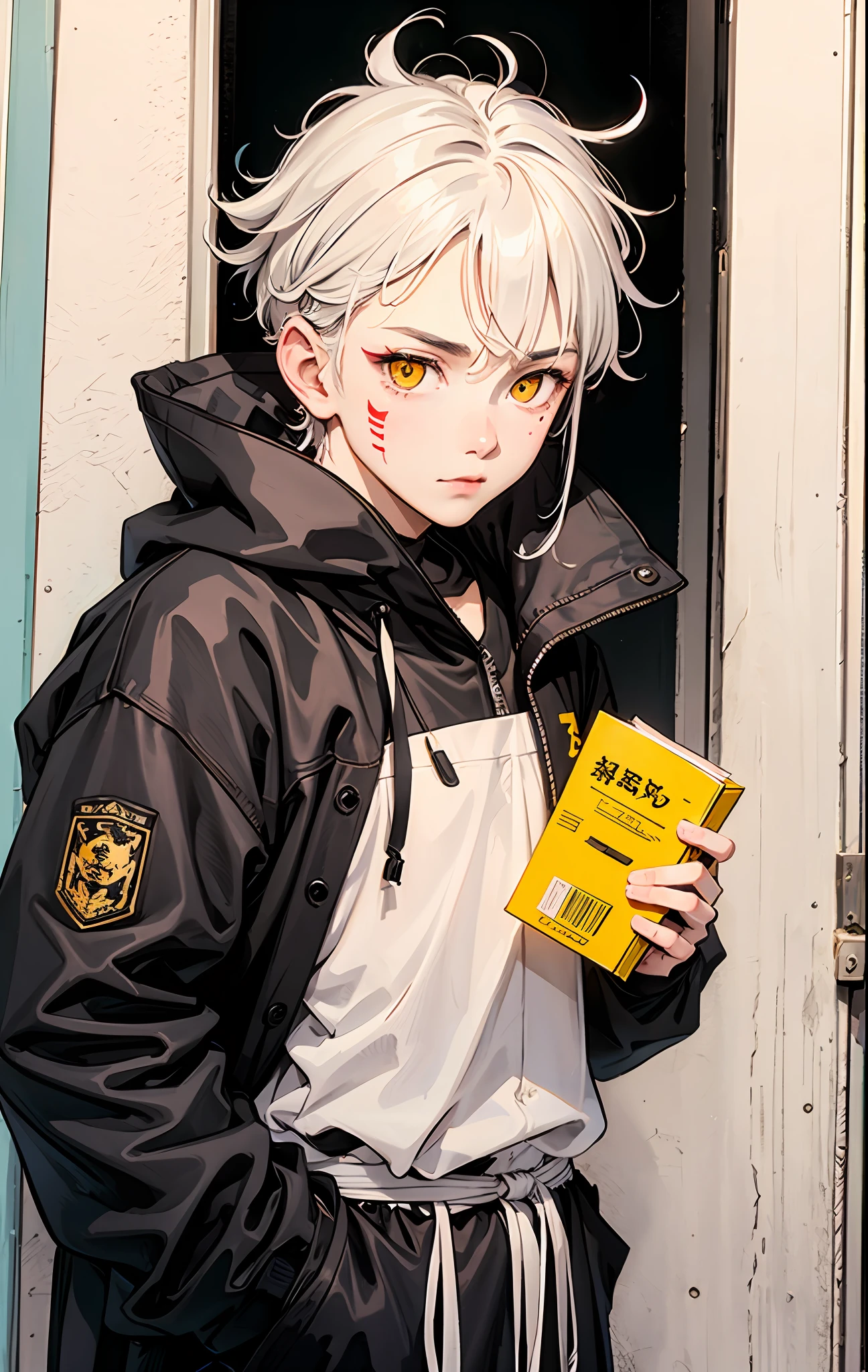 A cute boy, blackhead, yellow eyes, white hair