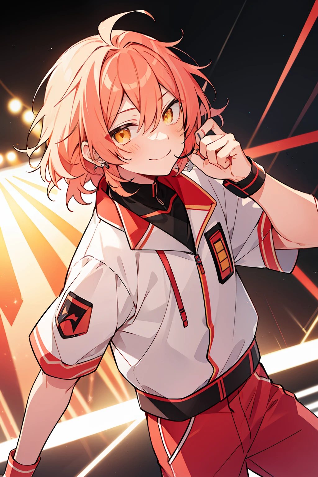 (high-quality, breathtaking),(expressive eyes, perfect face), 1boy, male, solo, short, young boy, curly peach pink hair, yellow eyes, smile, neon red cyber outfit, pants, on stage, spotlight