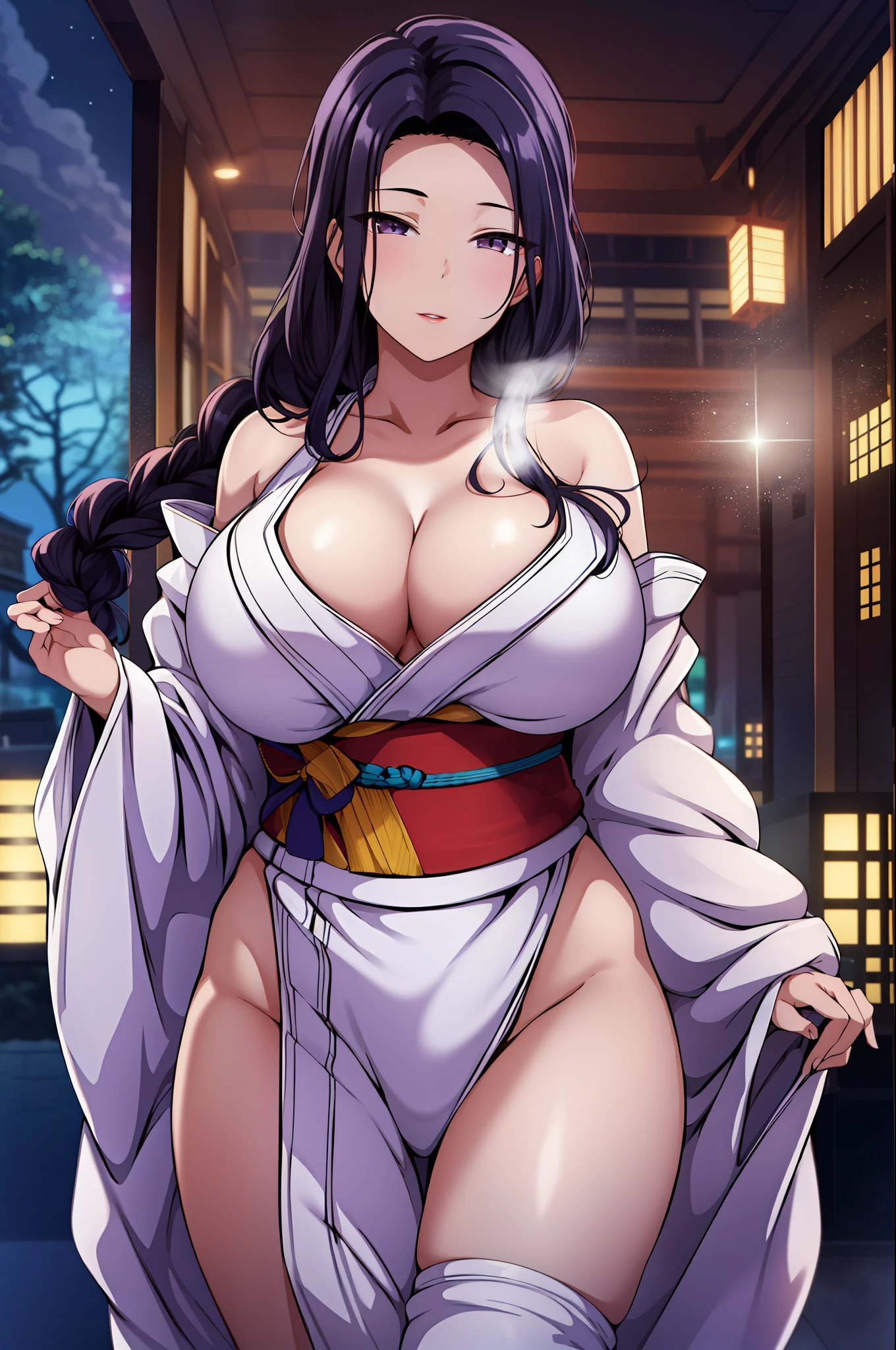 (Night:1.7), Japan, Tokyo, CityView, Before Window,
Standing at attention,
(White_kimono:1.3),cleavage,
black_hair, long_hair, hair_pulled_back,parted_lips,purple_eyes, braid,
1 girl, 24yo,mature female,Beautiful Finger,Beautiful long legs,Beautiful body,Beautiful Nose,Beautiful character design, perfect eyes, perfect face,
looking at viewer, in the center of the image,
NSFW,official art,extremely detailed CG unity 8k wallpaper, perfect lighting,Colorful, Bright_Front_face_Lighting,
(masterpiece:1.0),(best_quality:1.0), ultra high res,4K,ultra-detailed,
photography, 8K, HDR, highres, absurdres:1.2, Kodak portra 400, film grain, blurry background, bokeh:1.2, lens flare, (vibrant_color:1.2)
(Beautiful,large_Breasts:1.4), (beautiful_face:1.5),(narrow_waist),