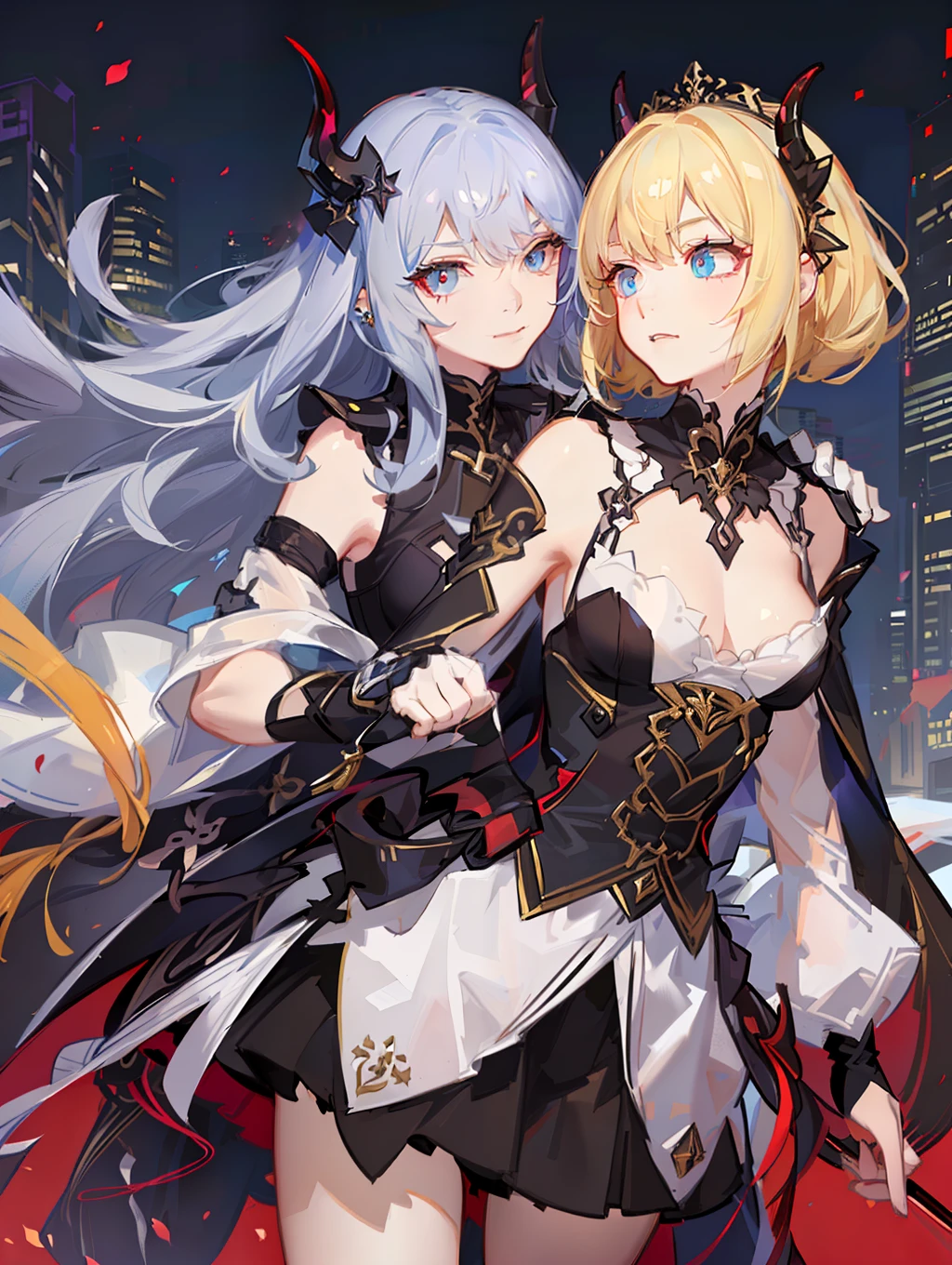 ((걸작、maximum quality))、Group of 2、pair、1 male、1 female、((Man has gray hair、hair_gray、Masculine、Two-block、Shorn hair、Very short、Strong surface、Horrible、Black mask、Sauce order、Sanpaku eyes、Hanging eyebrows、Rectangular pupil、Pale blue eyes、good physique、Red threads entangled in the body、Tons of piercings、policeman、Devilish clothing))、((Woman has golden long hair、Blonde hair、hair_Golden、Braids、The girls、bright red eyes、pupil of eye_Really red、Pupil shaped כ、Tsuriformes、Mysterious、fleeting、Attached to a red thread))、dance、Western、A girl has a man behind her、A man is dancing holding a girl's hand、highly detailed 8k wallpaper、Cityscape、original