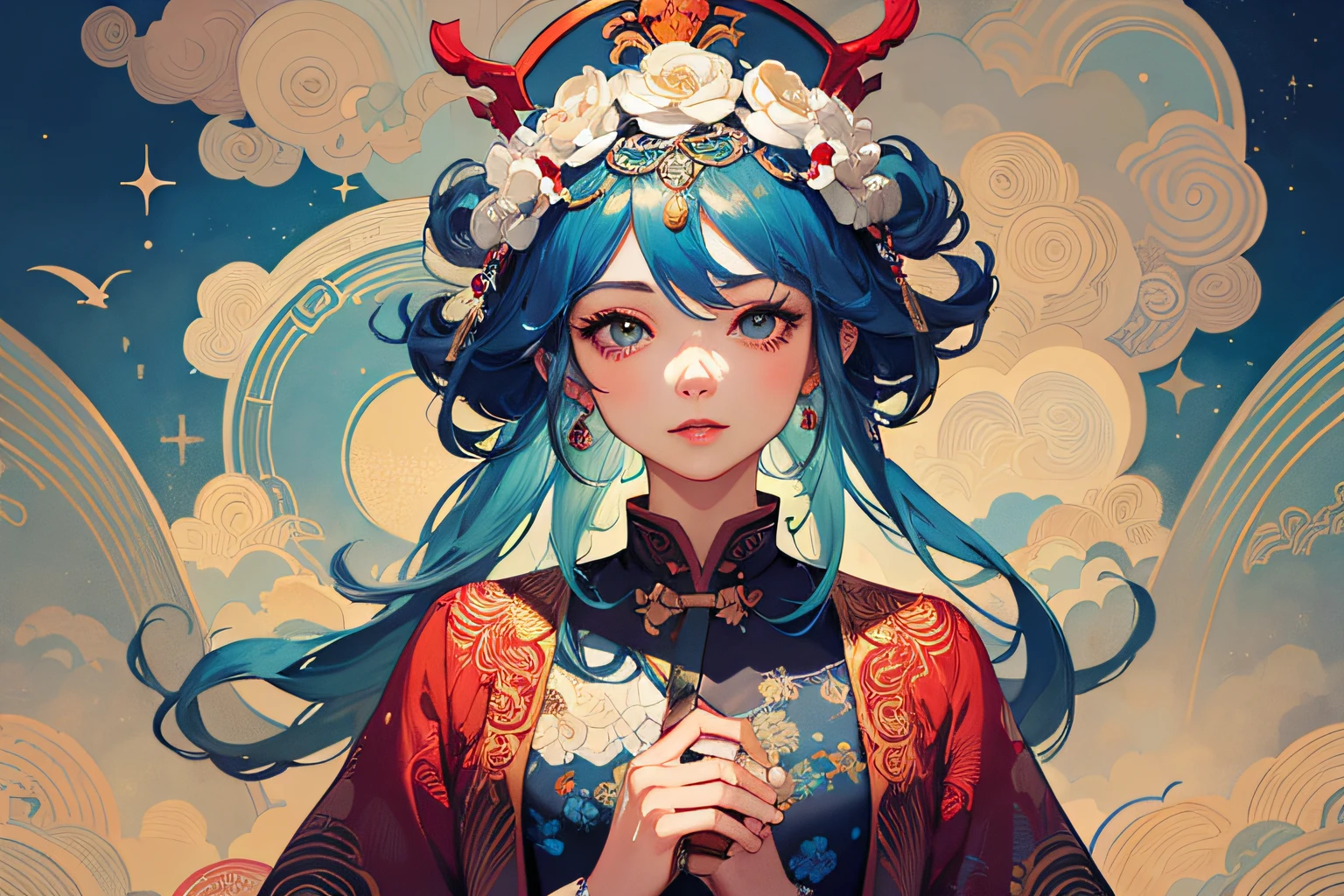 anime girl with blue hair and a red dress holding a small object, Anime style 4 K, artwork in the style of guweiz, digital anime illustration, anime fantasy illustration, anime styled digital art, alice x. zhang, anime style illustration, anime illustration, Detailed digital anime art, guweiz on pixiv artstation, alphonse mucha and rossdraws
