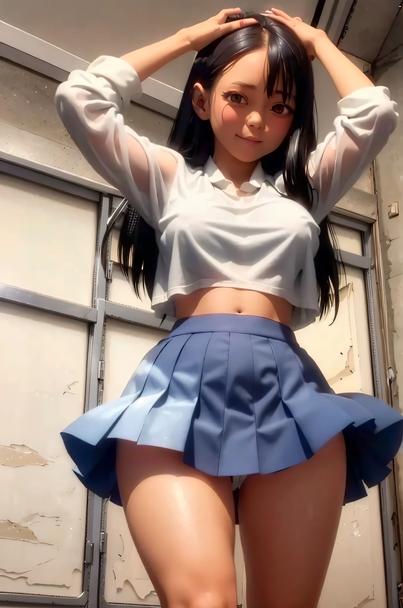 DR, CG, sharp focus, (8k), (4k), masterpiece, best quality, sharp focus, extremely detailed, intricate, hyper detailed, nagatoro hayase, (very large breasts, large nipple), brown eyes, black hair, bangs, long hair, dark skin, hair clip, wearing ((steamy:1.2) (see-through:1.2) (white: 0.6) (chiffon) (crop top) grasped(wet: 1.4) skin ): 1.2) , blue skirt, no socks, uwabaki, standing, arms behind the head, looking at the viewer, outdoors, evil smile, raining weather