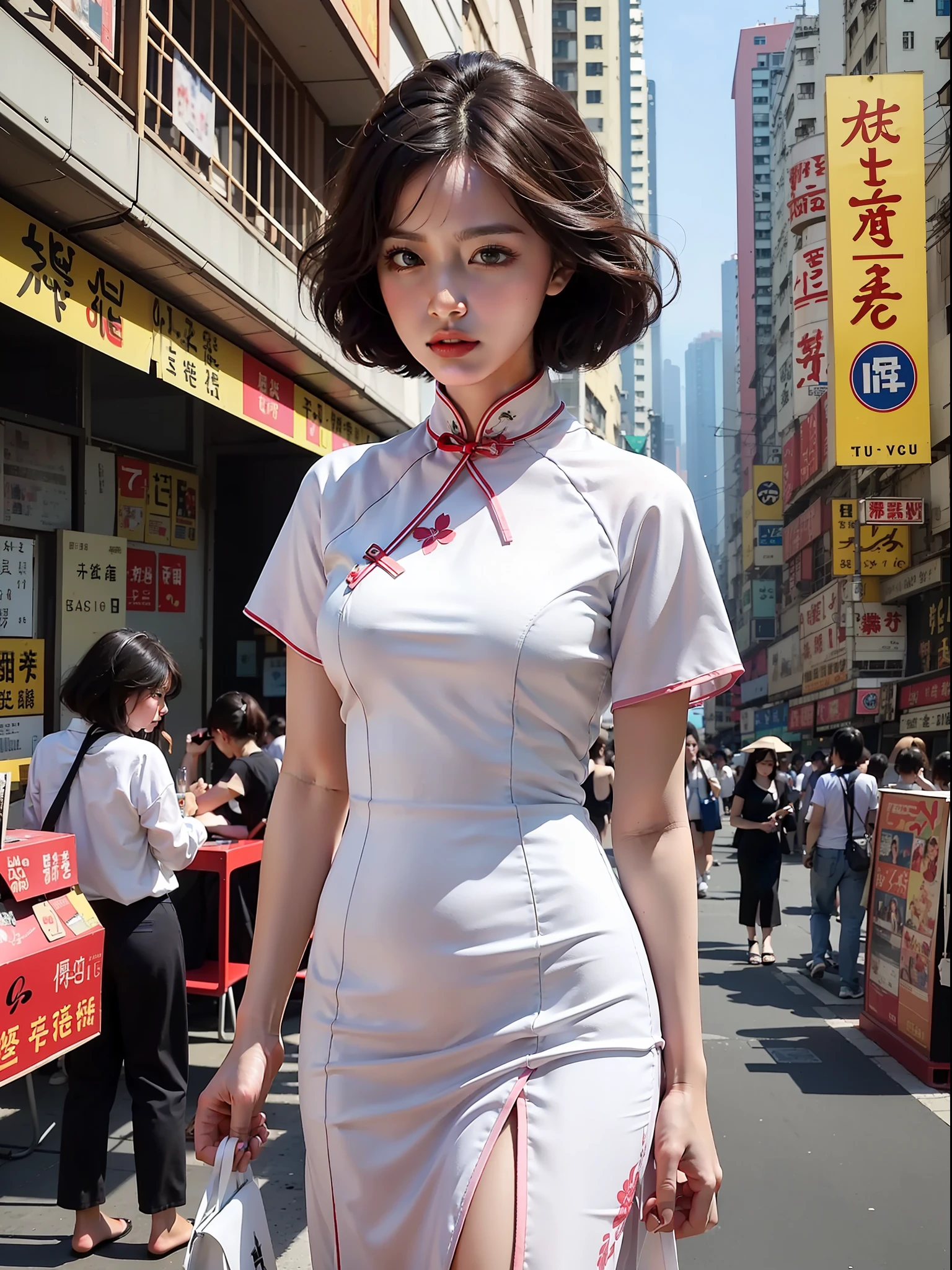 best qality,Masterpieces,super high resolution,(Realism:1.4),Original photo,80s,Retro,Hong Kong film style,A woman,Wearing a cheongsam,Coiled hair,Big scene
