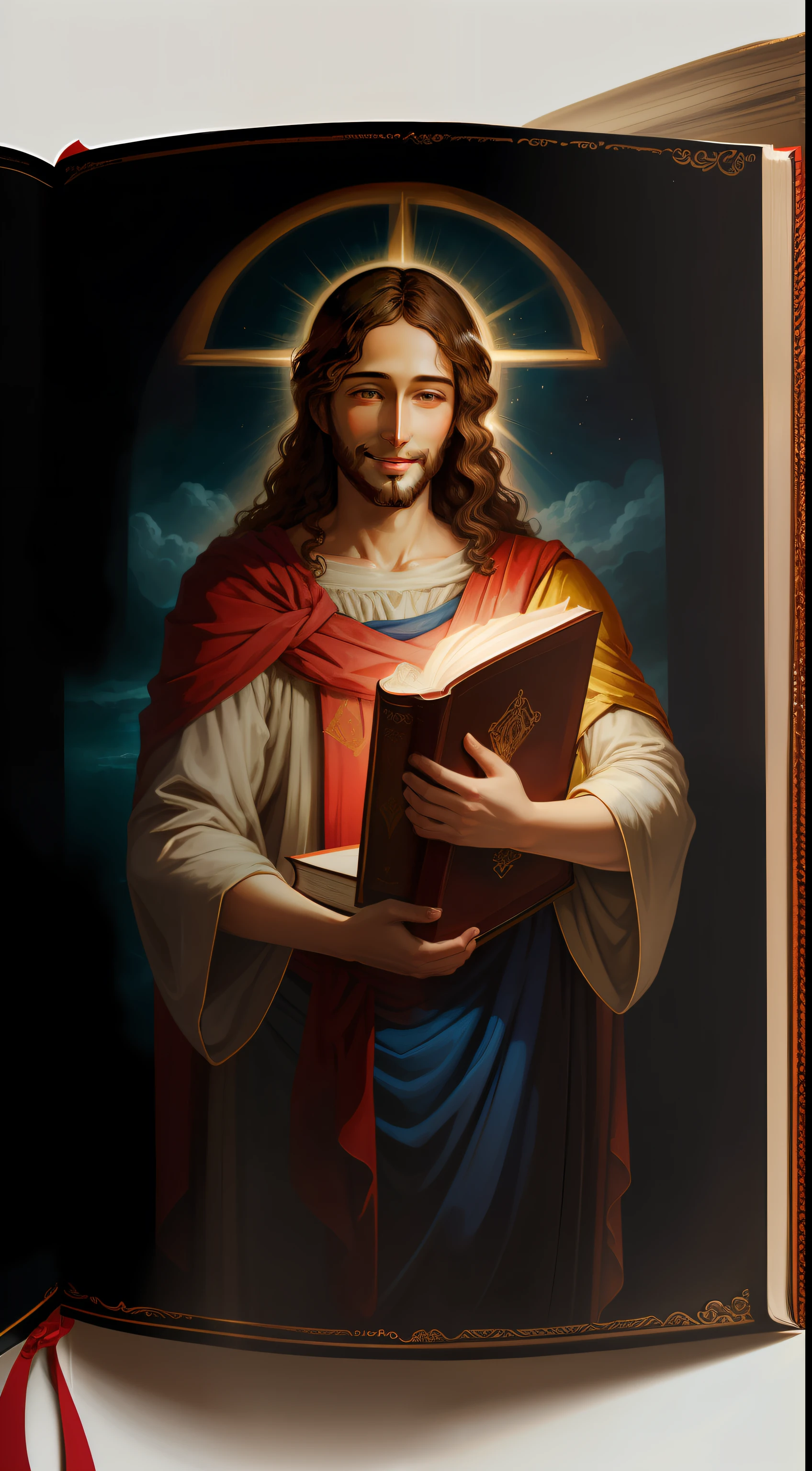 Jesus Christ holding a bright Bible and smiling
