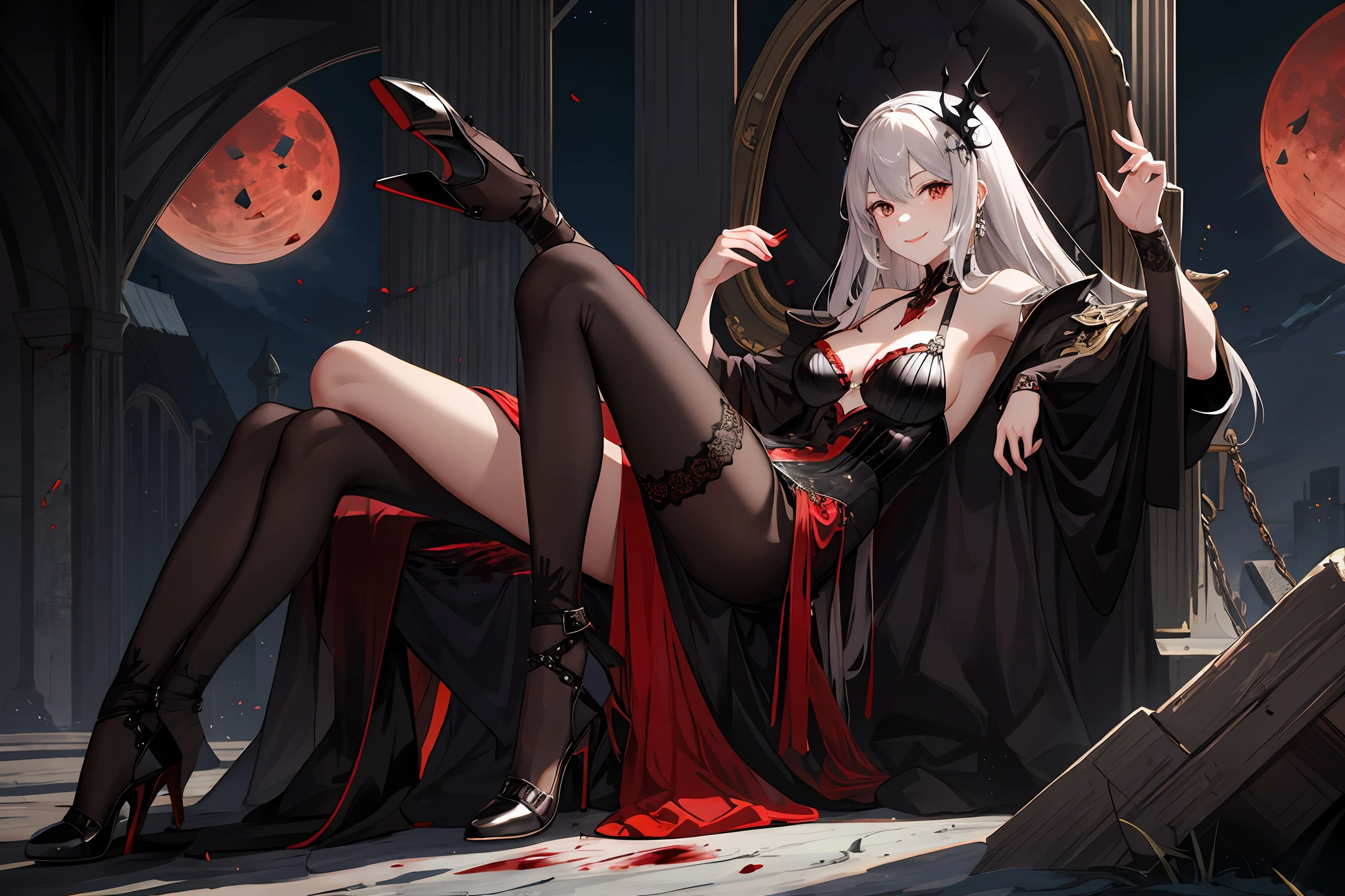 masterpiece, highly detailed, high quality, delicate bloody throne, huge red moon, 1girl, evil, playful, smile, dynamic angle, lying on throne, legs on armrest, mystical, fanatic, intricate, surreal, delicate, wearing armored gothic dress, cinematic lighting