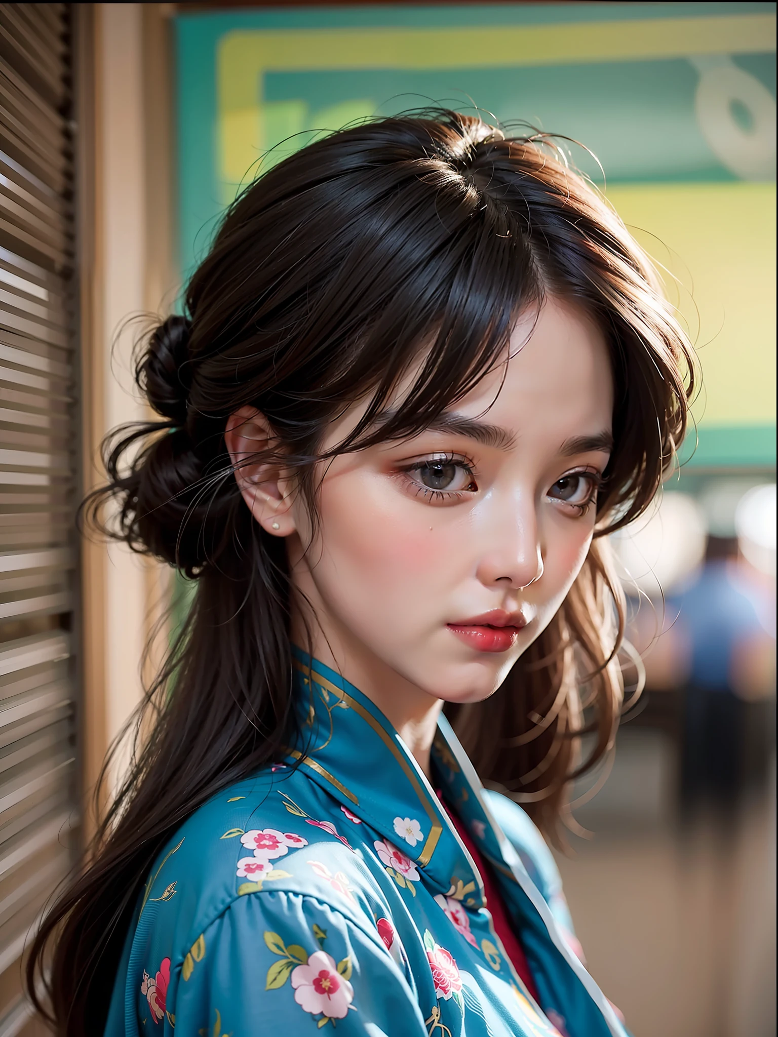 best qality,Masterpieces,super high resolution,(Realism:1.4),original photo,80s,Retro,Hong Kong film style,A woman,Wearing a cheongsam,Coiled hair,