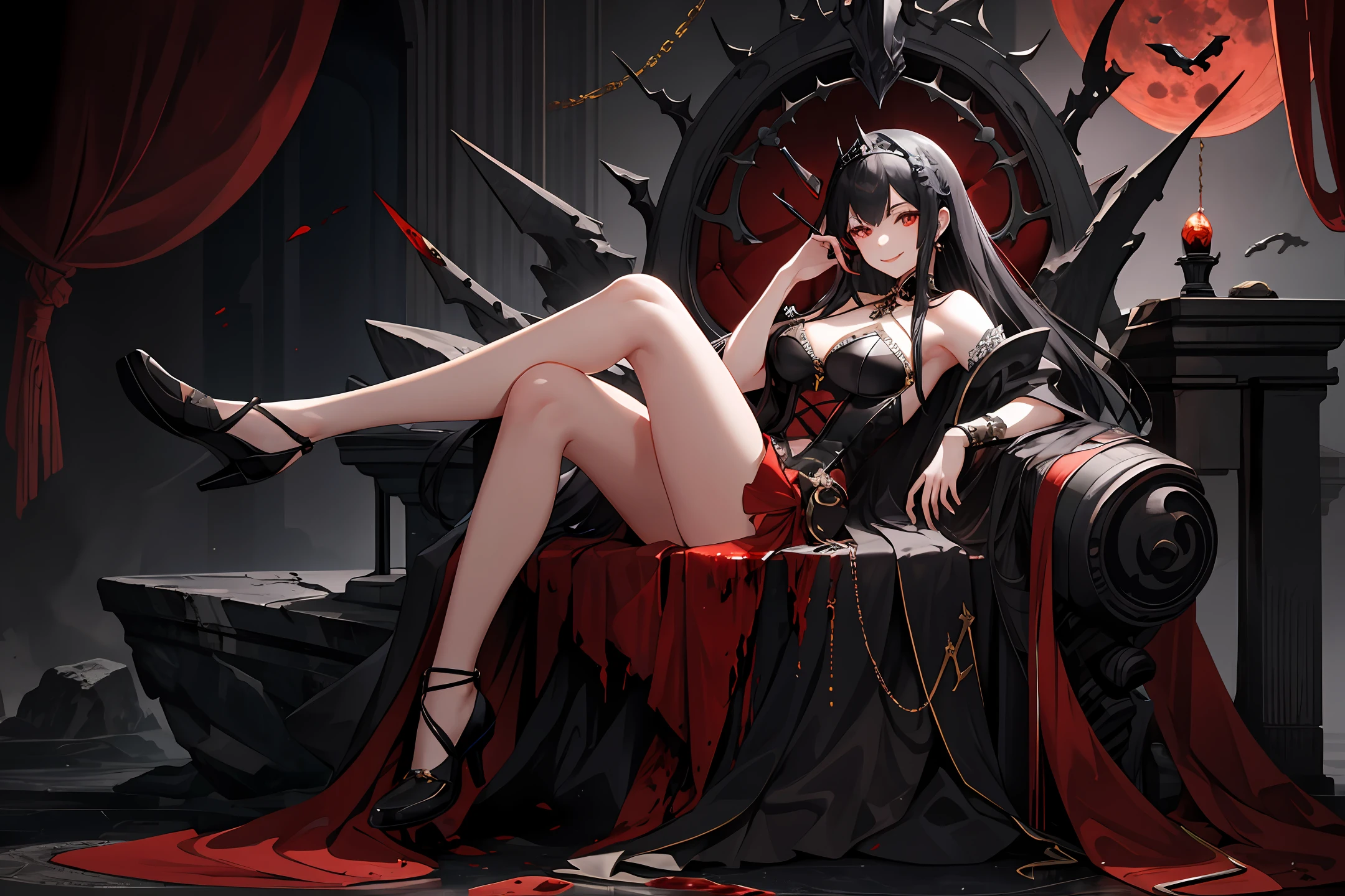 masterpiece, highly detailed, high quality, delicate bloody throne, huge red moon, 1girl, evil, playful, smile, dynamic angle, lying on throne, legs on armrest, mystical, fanatic, intricate, surreal, delicate, wearing armored gothic dress, cinematic lighting