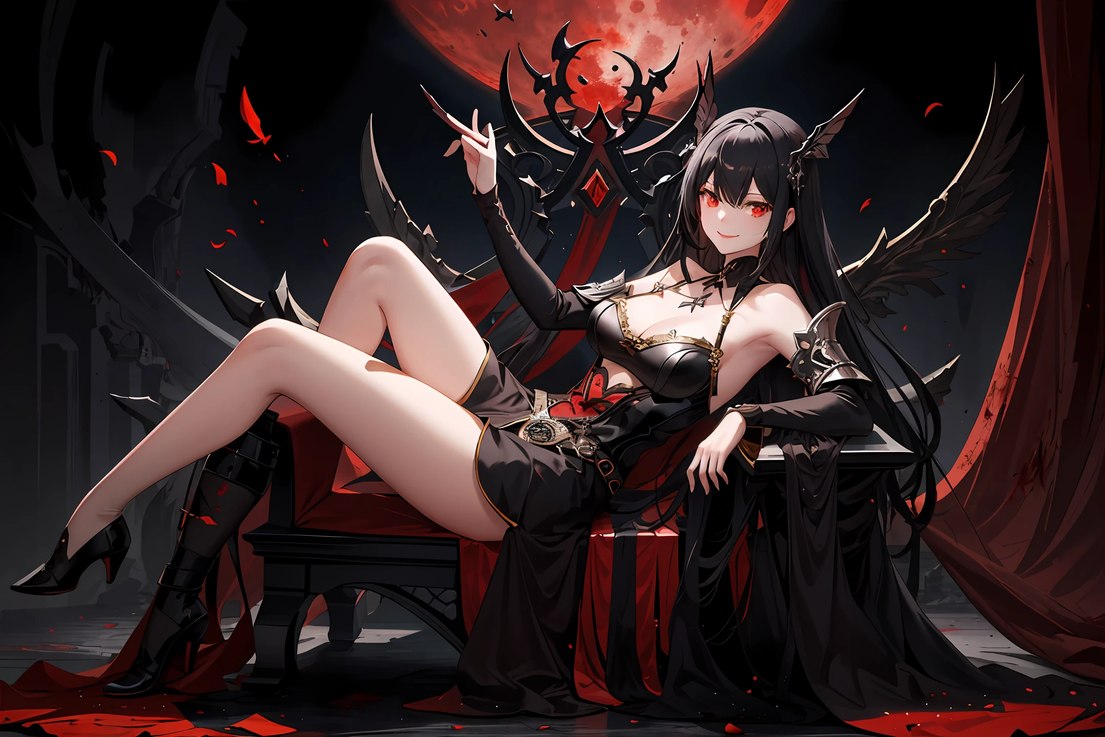 masterpiece, highly detailed, high quality, delicate bloody throne, huge red moon, 1girl, evil, playful, smile, dynamic angle, lying on throne, legs on armrest, mystical, fanatic, intricate, surreal, delicate, wearing armored gothic dress, cinematic lighting