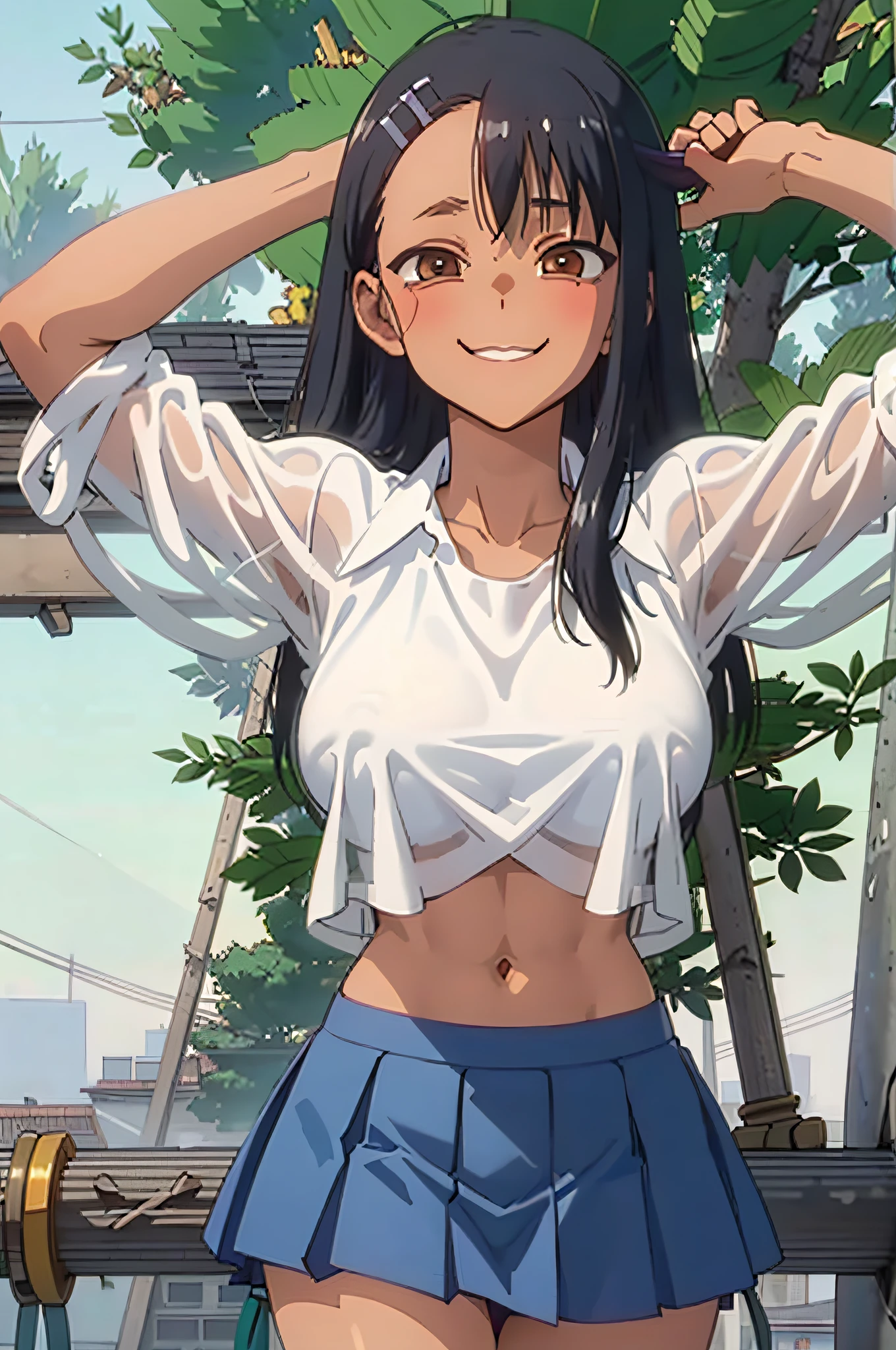 DR, CG, sharp focus, (8k), (4k), masterpiece, best quality, sharp focus, extremely detailed, intricate, hyper detailed, nagatoro hayase, (very large breasts, large nipple), brown eyes, black hair, bangs, long hair, dark skin, hair clip, wearing ((steamy:1.2) (see-through:1.2) (white: 0.6) (chiffon) (crop top) grasped(wet: 1.4) skin ): 1.2) , blue skirt, no socks, uwabaki, standing, arms behind the head, looking at the viewer, outdoors, evil smile, raining weather