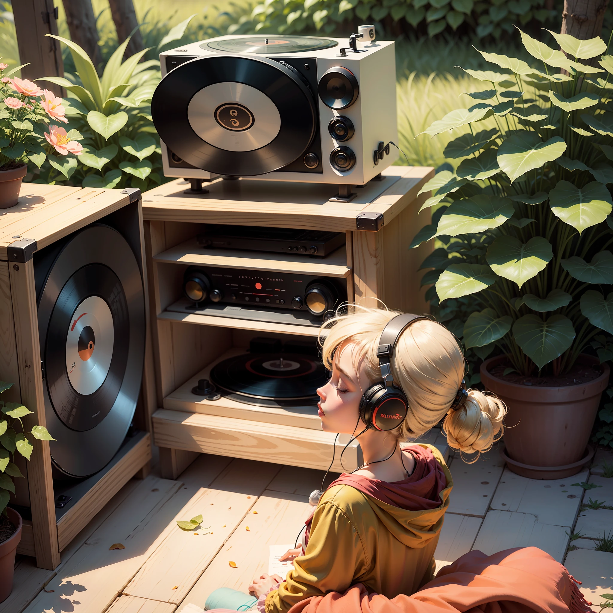 Draw an illustration of a person listening to music in cartoon style on a record player. Add elements from nature, such as plants and flowers, and use a muted color palette to create a relaxing atmosphere. --auto