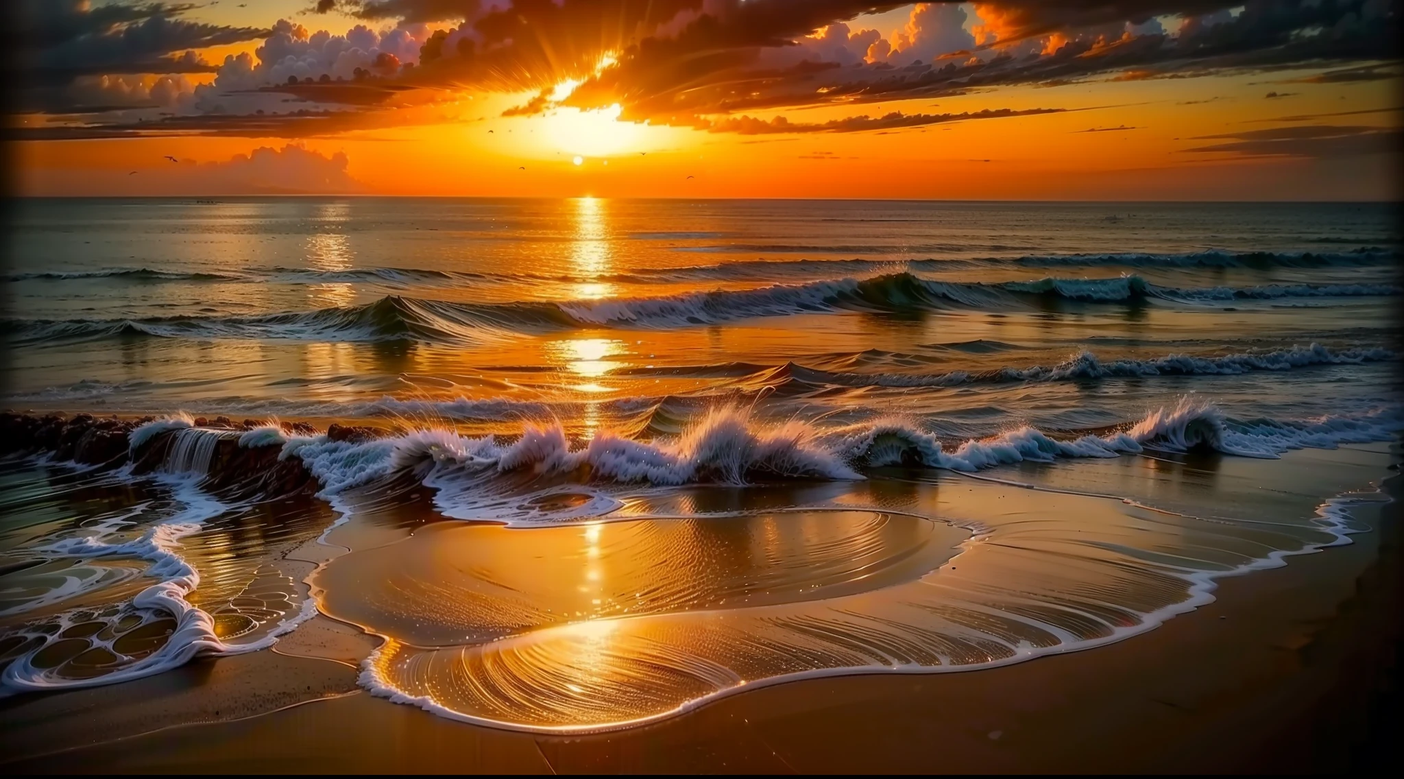 An absolutely mesmerizing sunset over the beach, com uma mistura de laranjas, Roses and yellows filling the sky. The crystal clear waters of the sea gently kiss the coast, com uma praia de areia branca que se estende por toda parte. The scene is dynamic and breathtaking, green palm trees swaying gently. Soak up the soothing atmosphere and let the tranquility take over you.