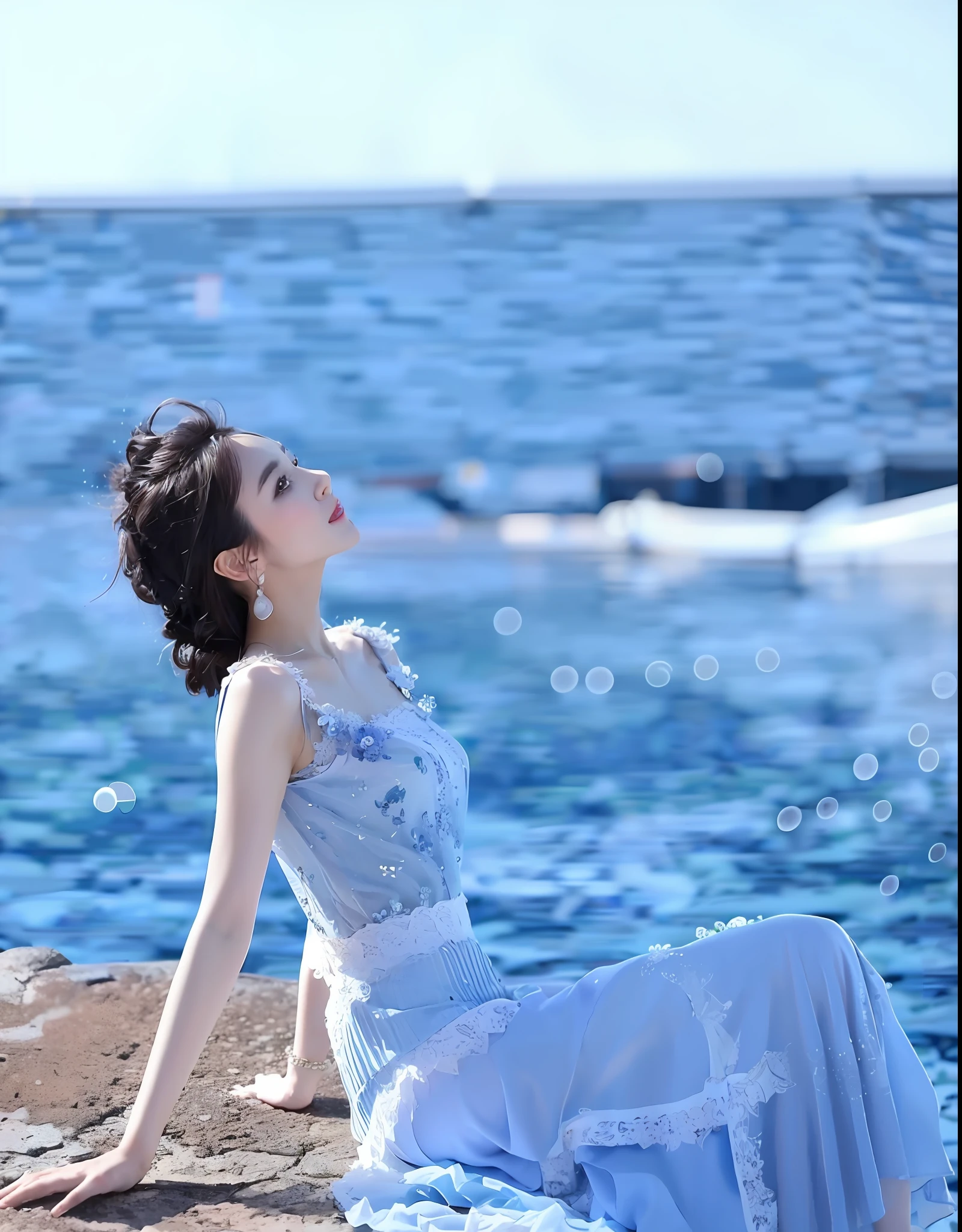 Flowers all over the wall, (best light: 1.2, cute Chinese girl: 1.2, [white dress: 1.3], full body, beautiful dance moves, wearing pink long-haired mink bandeau dress, multicolored flower wall, poster level, flowers on the wall are not crowded, elegant and colorful: 1.1, bright and moving: 1.1, [ultra-detailed: 1.2 + dynamic pose + delicate: 1.2],), big breasts, pursed lips, The sides are five-colored flowers, the wall is pink hydrangeas, roses, colorful chrysanthemums, and the background wall is a wall of flowers dominated by pink