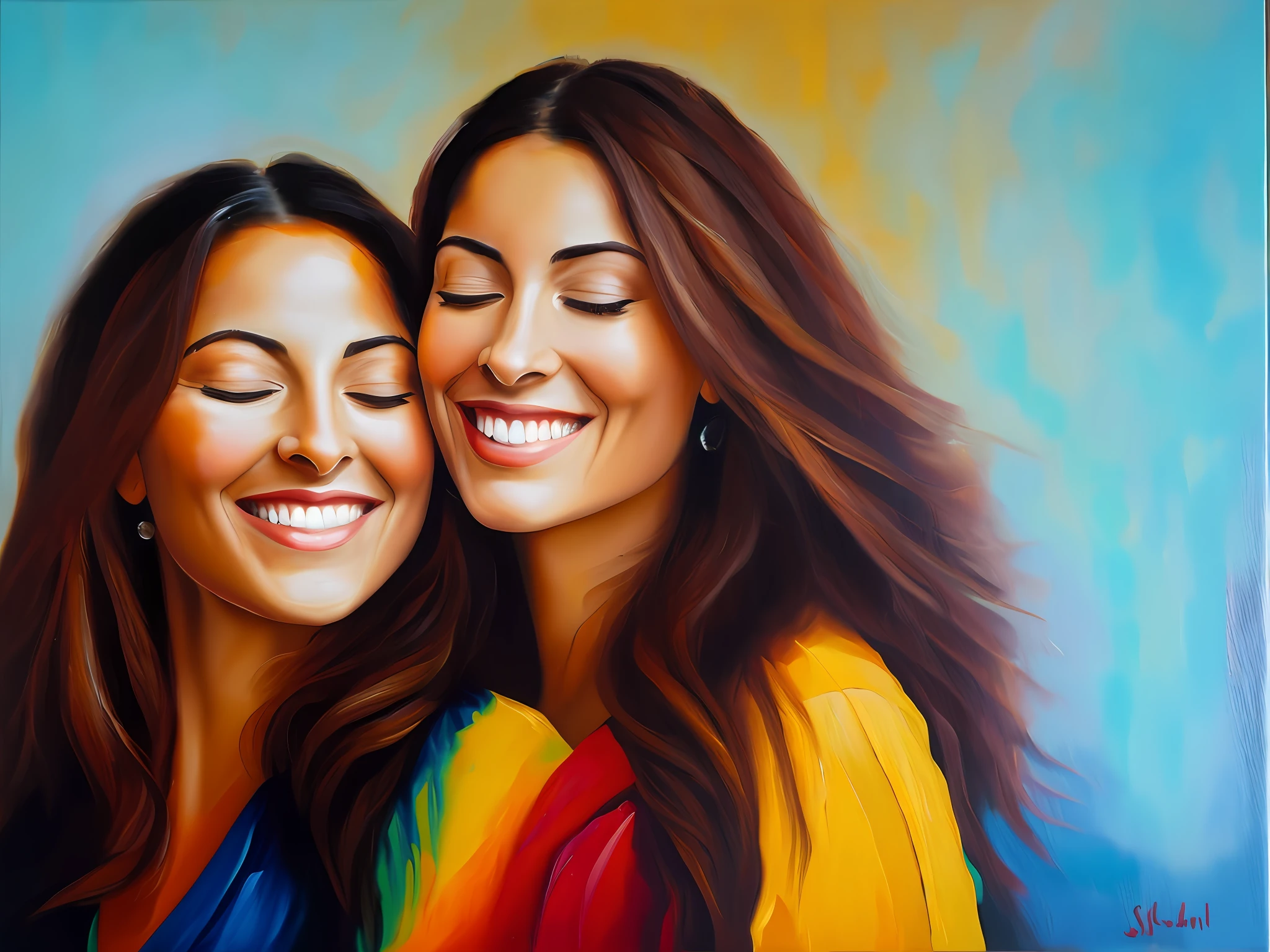 Oil painting of two beautifull women in a closed hugg, closed eyes, smilling in joy, raw thick brush strokes