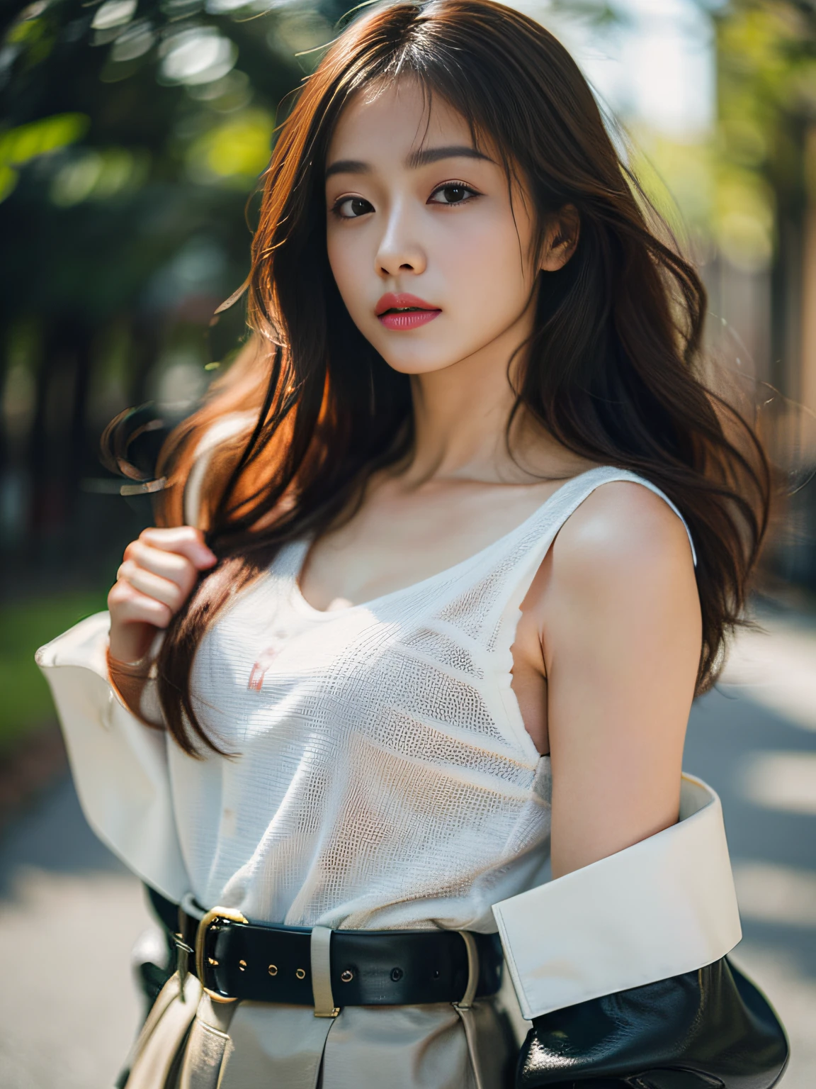 16k, RAW photo, top quality, masterpiece: 1.2, realistic, photorealistic: 1.37, one girl, cute, green park, background blur, natural light, photon mapping, radiosity, physically based rendering, gradient brunette hair, short curly, handsome, girly, white ball set, excellent image quality, high resolution, 1080p, clear face, Detailed facial description, detailed hand description, exquisite CG, extreme light and shadow, disheveled hair, rich details, exquisite facial features, best image quality, eye for details, looking forward to your eyes, delicate collarbone, shiny skin, shiny leather shirt, leather belt, shiny leather mini skirt, full body image,
