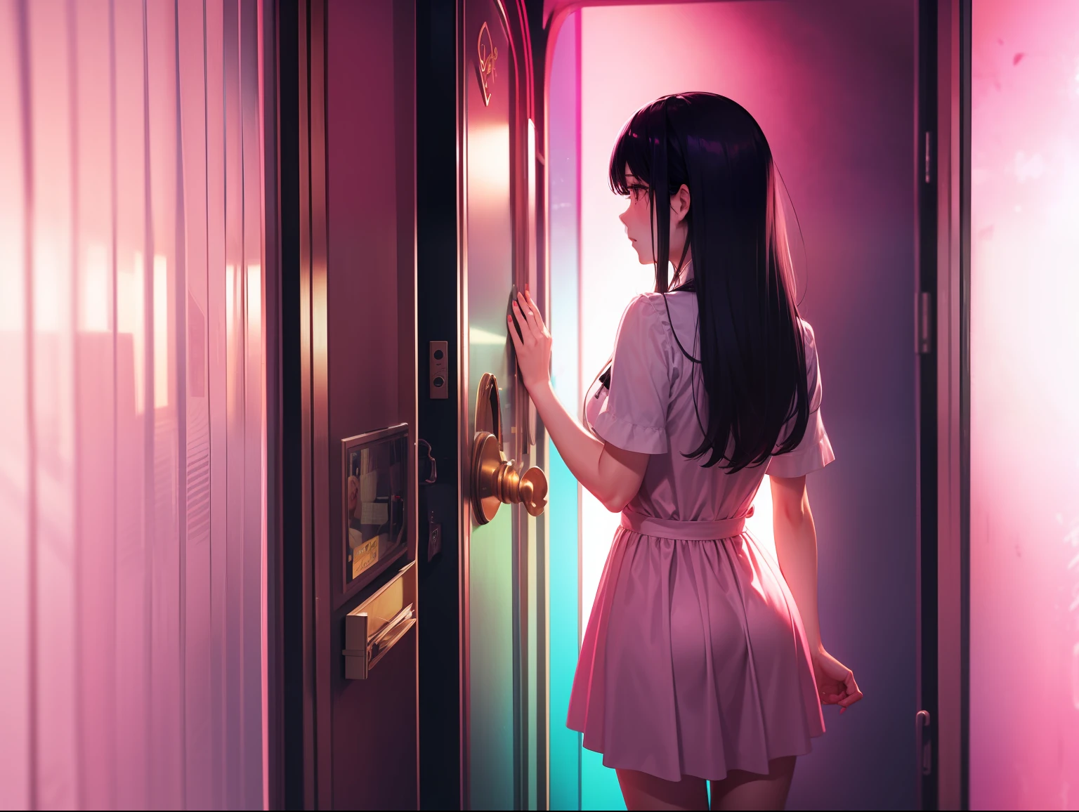 A woman leaned against the door，In KTV，The lighting is dim
