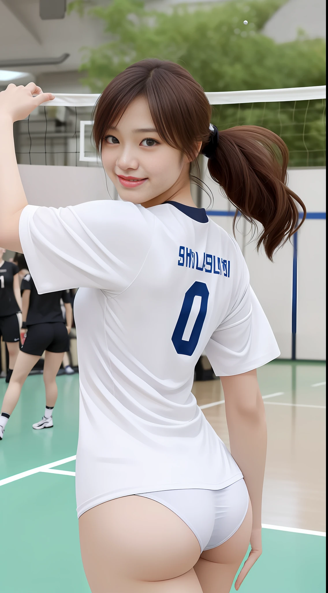 Alafe volleyball player posing for photo、Wearing a volleyball jersey、volleyball、Pure white panties、Plain panties、Sexy Panties、White panties、Tall Japan model、back shot、Chiho Ashima、chiho、South Jaeyong、varied poses、nishimiya shouko、erika ikuta、Midori Ishida、mao hamaguchi、奈良美智、Yui Kotegawa,japanese girl, Best Quality,masterpiece,hyper high resolution,(Photorealistic photo:1.4),a 1girl,smiling eyes,looks at the viewer,(ulzzang-6500-v1.1:1.0),20 years old, Beautiful woman,A pretty woman with perfect figure :1.4,very detailed face and skin texture, Detailed eyes, Double eyelidd,(Best Quality, 8K, masterpiece :1.3), lovely smile,Sexy woman、Mature woman、Beauty girl、tall、Slender body shape、Shirt and panties are separate
