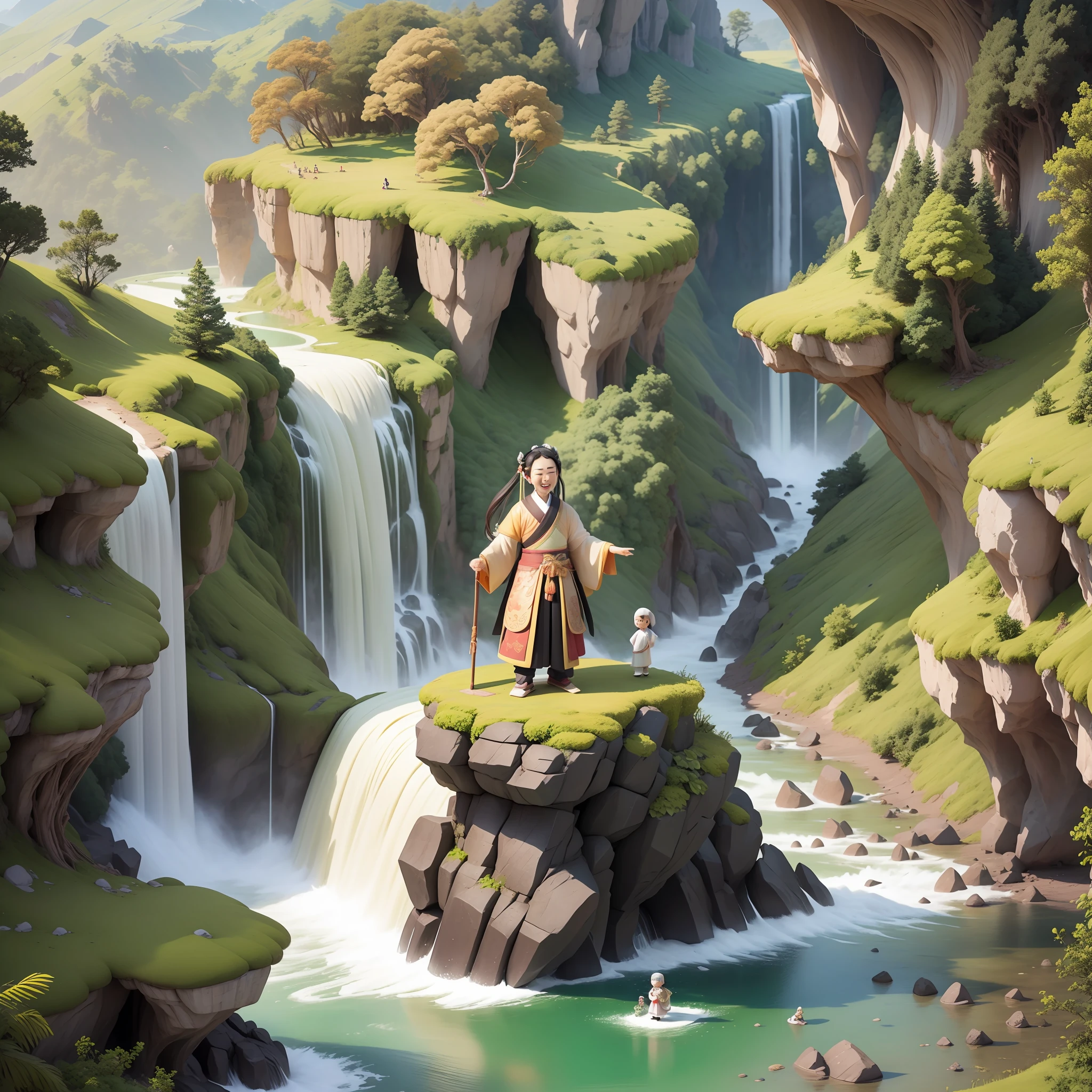 (Masterpiece),(Need),(Super meticulous),(all body:1.2),(6--old g dynasty poet Li Bai,Hanfu,Laugh,Stand beneath cliffs and waterfalls,chibi,full body,