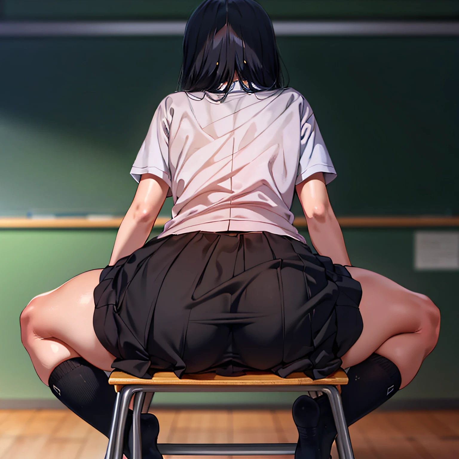 masterpiece, best quality, 1girl, only 1 girl, school uniform, in socks, back, back focus, big butt, defined butt, classroom, sitting on chair, full body, looking at viewer, blush