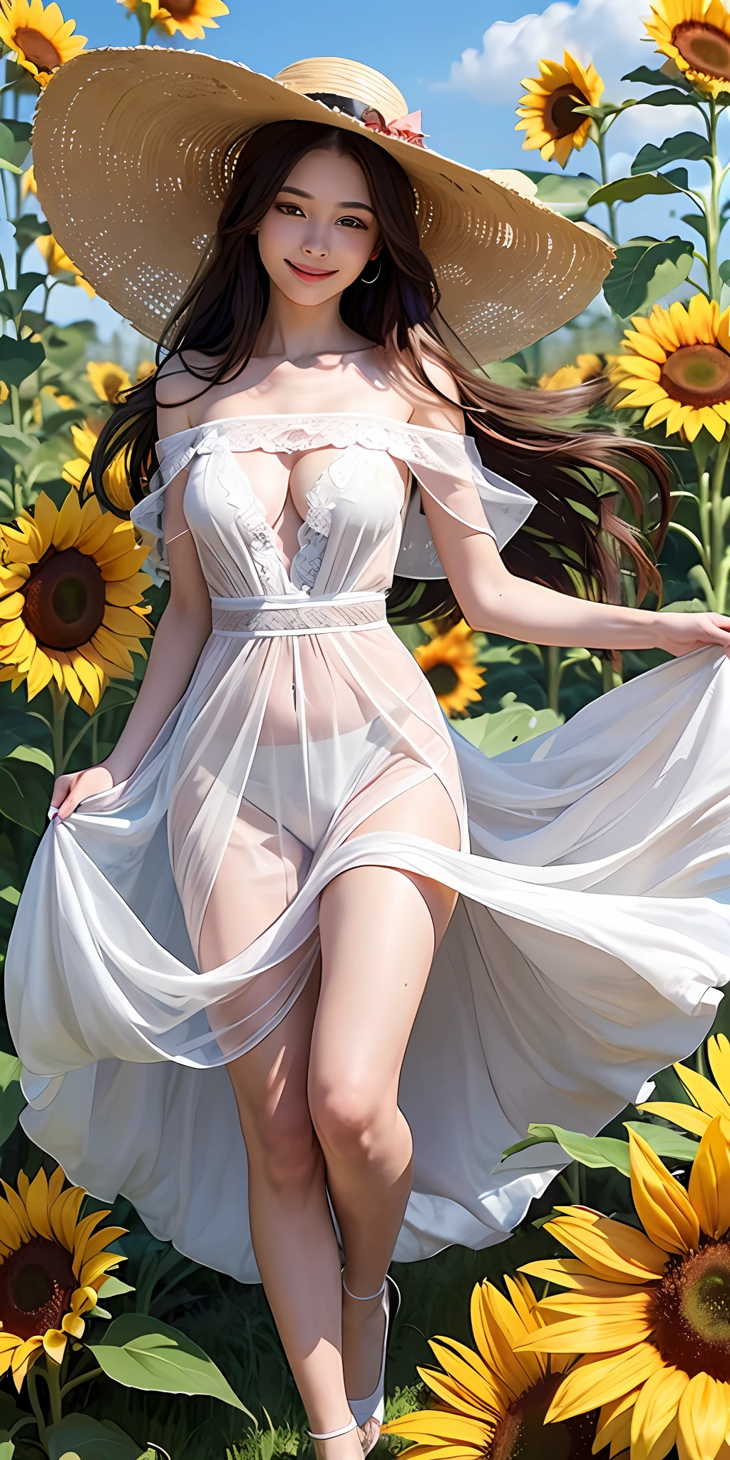 (masterpiece, best quality),1girl with long hair, in the field of sunflower, wearing sun hat, summer, sunny day, windy, smile, face lighting, full body, dress, floating clothes