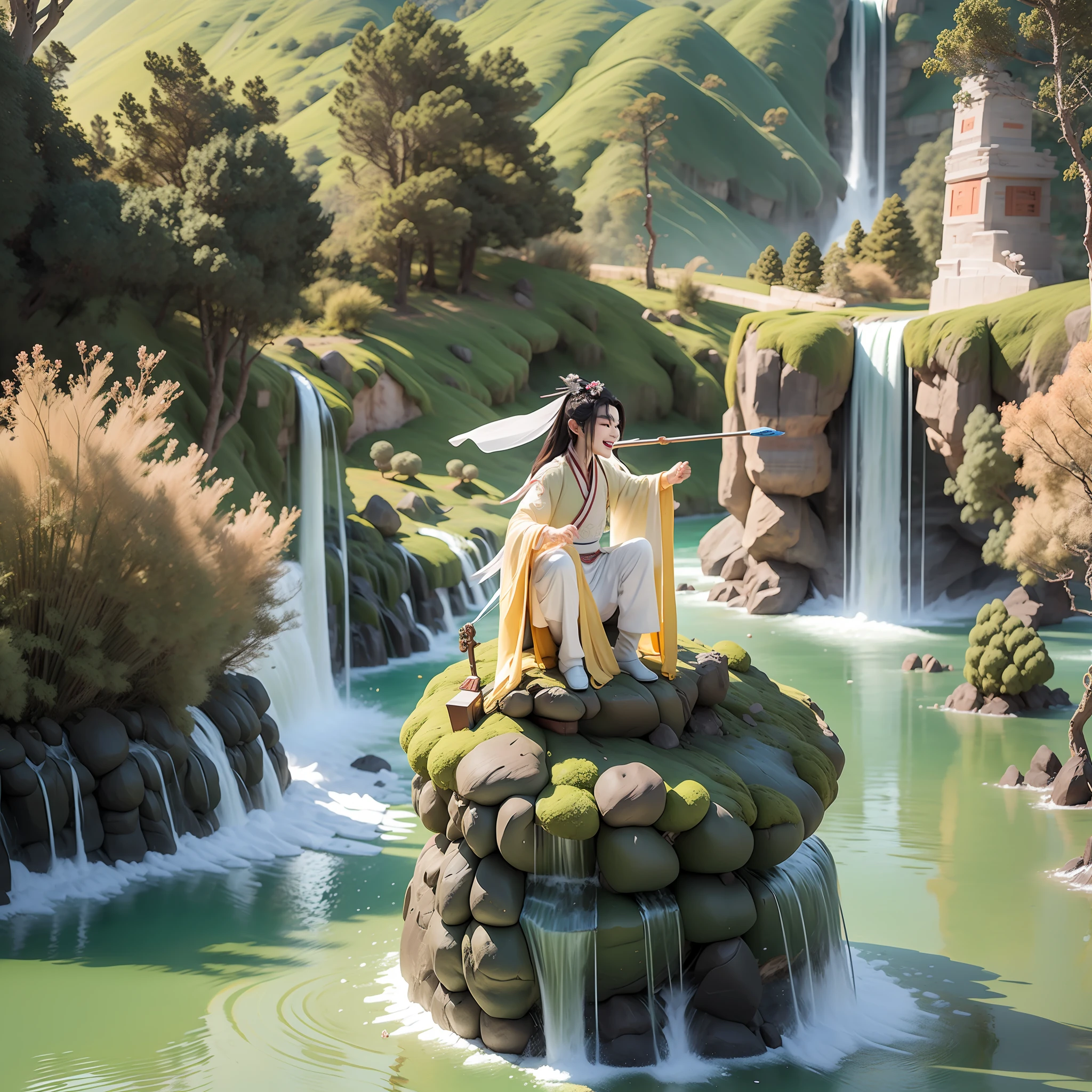 (Masterpiece),(Need),(Super meticulous),(all body:1.2),(1boy,6-year-old Tang dynasty poet Li Bai,white hanfu,Laugh,Cliffs and waterfalls in the background,chibi,full body,