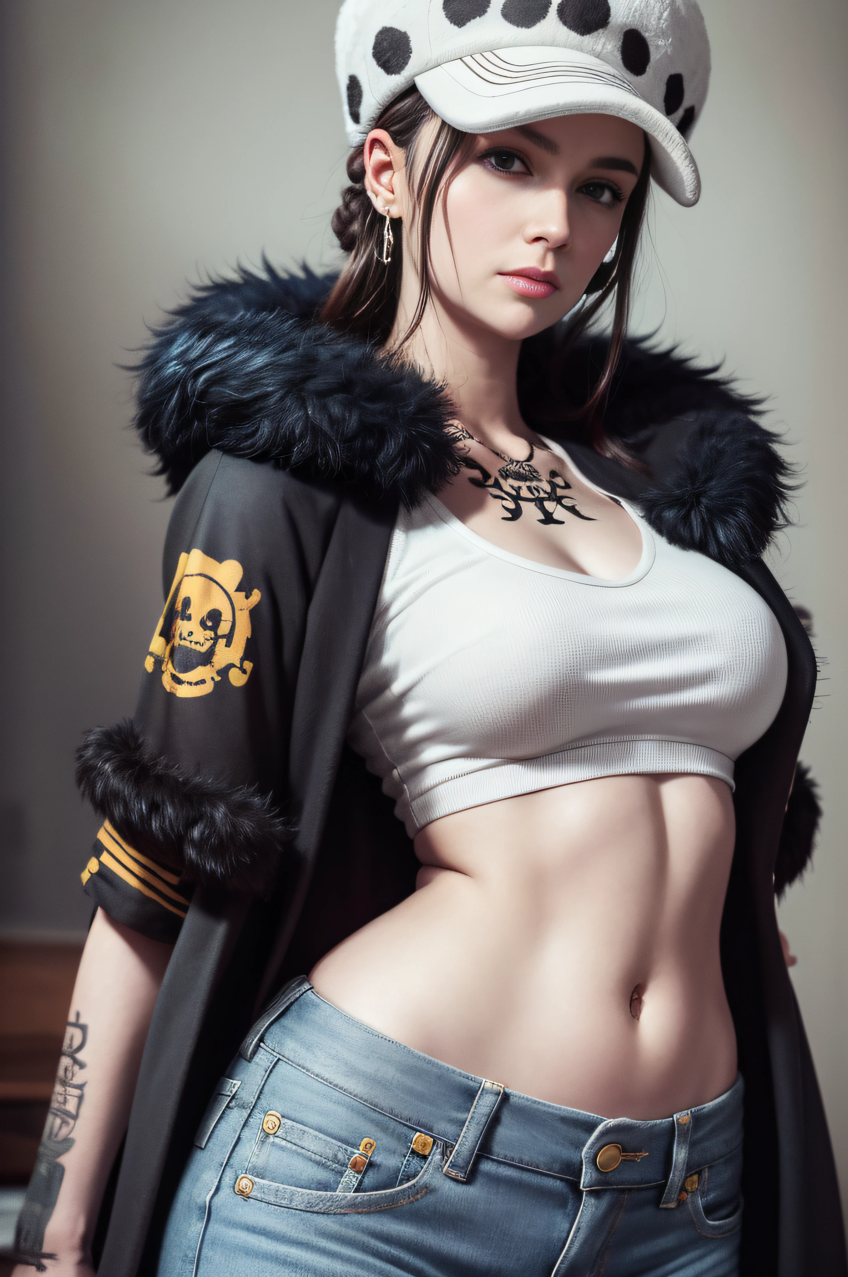 masterpiece, best quality, 8k,highestres, absurdres, extremely detailed, female trafalgar law, 1girl, 1sword, solo, looking at viewer, long hair, medium built, hat, navel, earrings, midriff, pants, coat, fur trim, denim, jeans, shoulder tattoo, hand tattoo, finger tattoo, black fur-trimmed coat, coat on shoulders, yellow tank top,///,