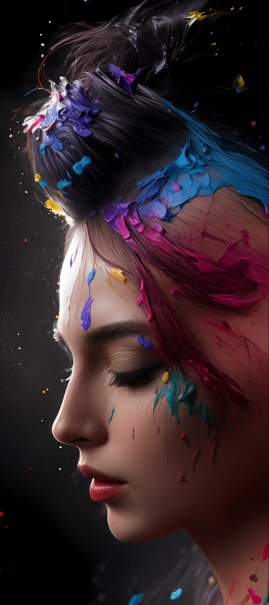 (level difference:1.8),(Paint colliding and splashing on the canvas),(depth of field),1girl's side face blends into it,thick flowing,(paint splatter:1.3),Liquid state,stunningly beautiful, masterpiece, detailed background,ultra high quality model, ethereal background,abstract beauty, explosive volumetric, oil painting,heavy strokes,Romantic lighting,Sub-Surface Scatterring,glow,8k,high resolution,ultrawide shot, dreamy,ray tracing,hdr,god rays,facing away,