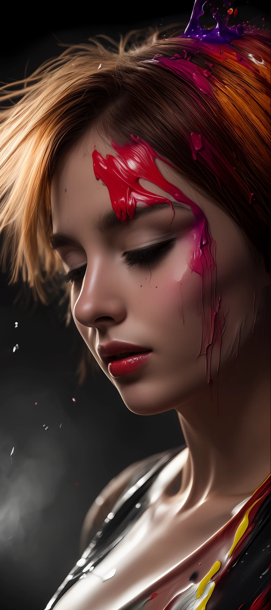 (level difference:1.8),(Paint colliding and splashing on the canvas),(depth of field),1girl's side face blends into it,thick flowing,(paint splatter:1.3),Liquid state,stunningly beautiful, masterpiece, detailed background,ultra high quality model, ethereal background,abstract beauty, explosive volumetric, oil painting,heavy strokes,Romantic lighting,Sub-Surface Scatterring,glow,8k,high resolution,ultrawide shot, dreamy,ray tracing,hdr,god rays,facing away,