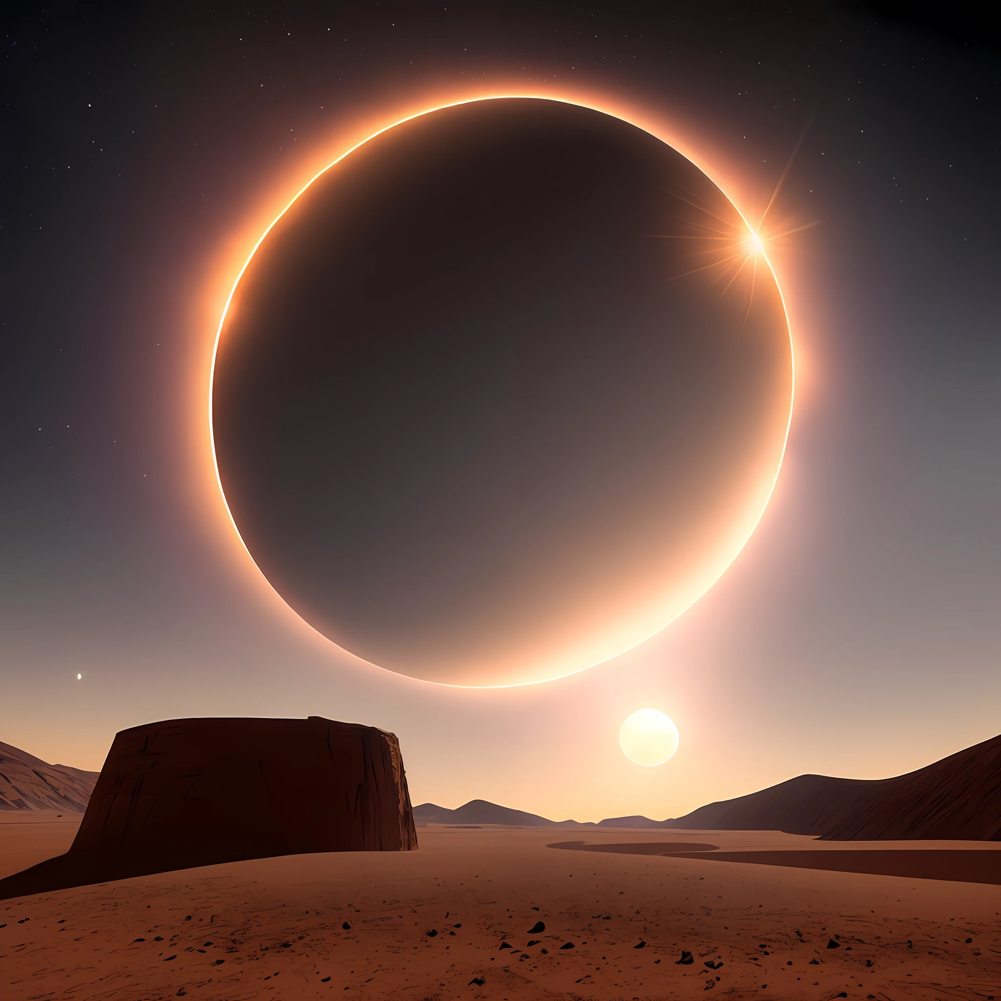 a close up of a planet with a bright light in the sky, ringed planet in the sky, eclipse of aurora on mars, planet with rings, sunset on distant machine planet, planet landscape, spaceengine, planet landscape, suns set on a desert planet, planet and stars, alien planet in the sky faraway, an alien planet, planet in space over the horizon