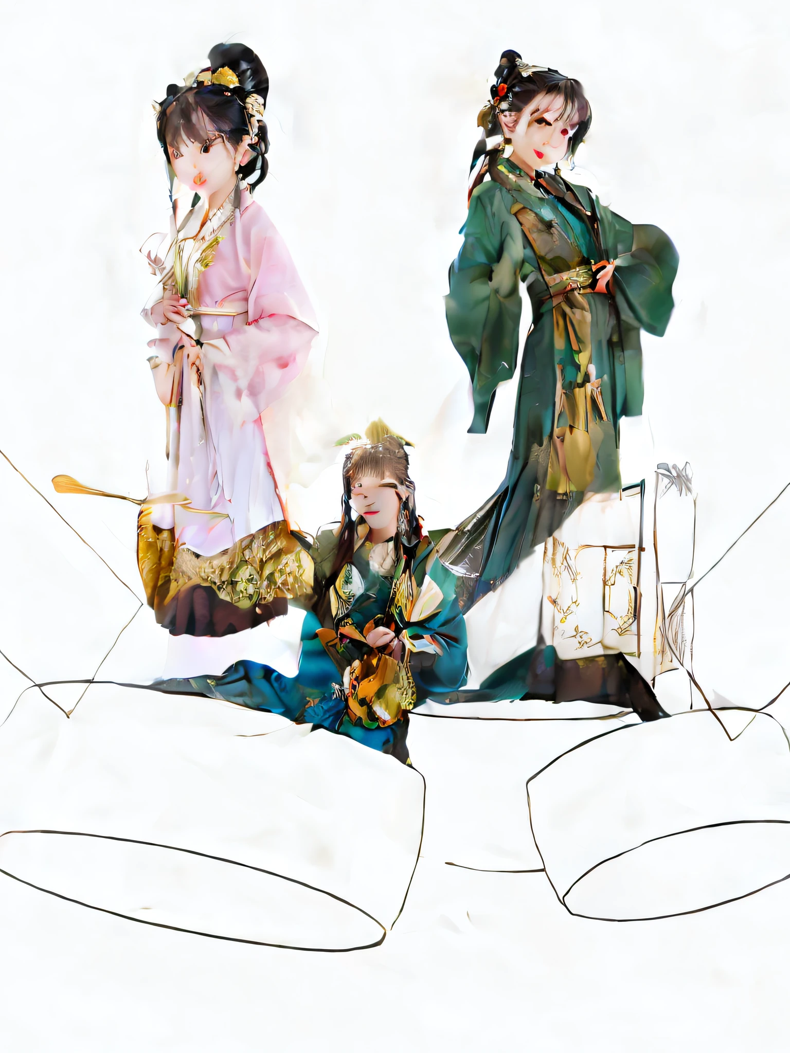 Full color illustration of a man and woman playing a musical instrument in a room,Musical harmony,The instruments each emit a wonderful sound,The movements are natural and fluid,With a happy smile on his face, a man in ancient armor sits in front beating a drum,A woman stands on the left to play the flute,Another woman stands on the right and plays the lute,beautifully illustrated。