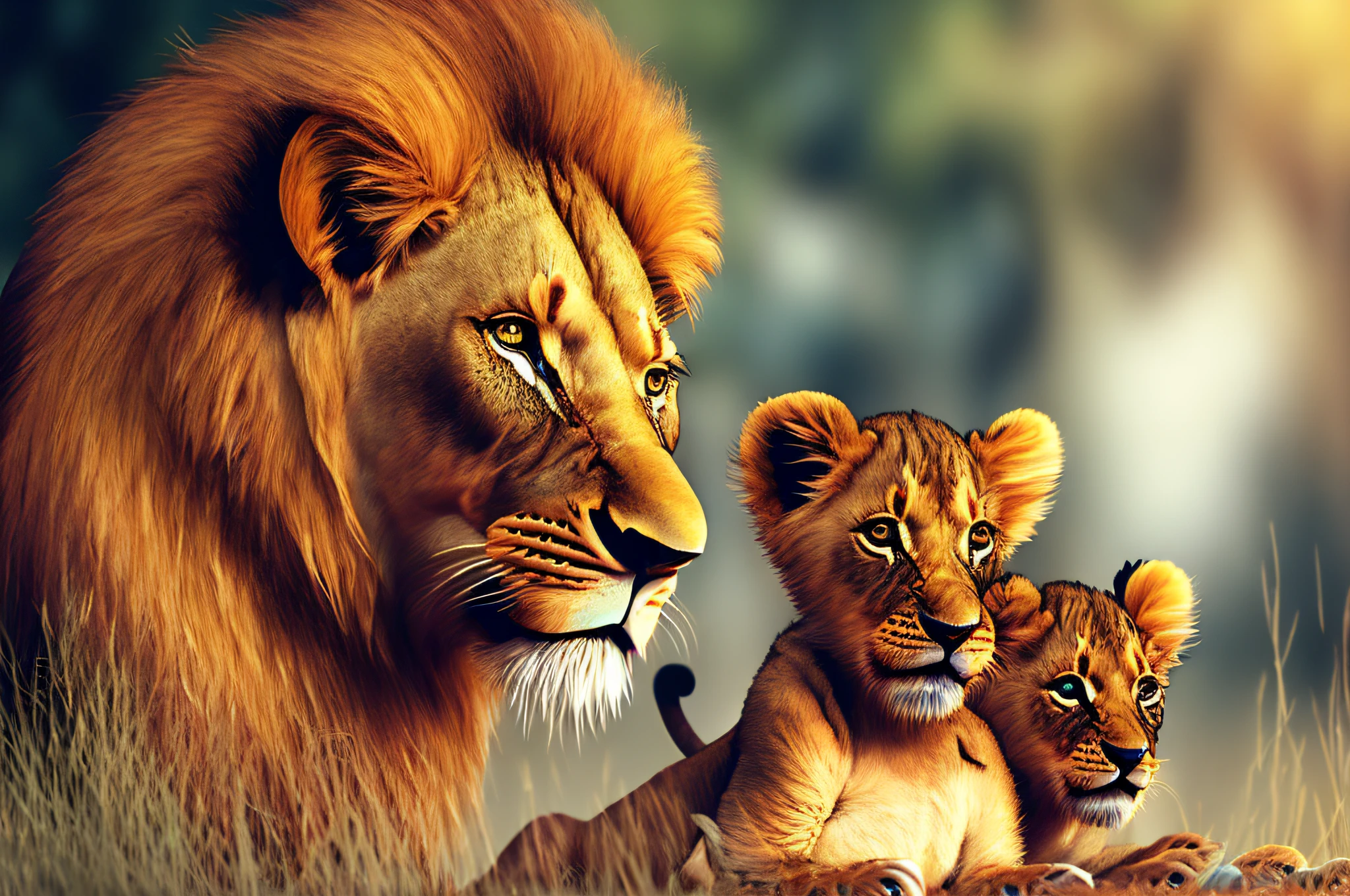 A family of lion and its cubs A cute lion cub in one, lion, mother lioness, father lion, photoreal, photographed using Sony A7RIII camera, photography