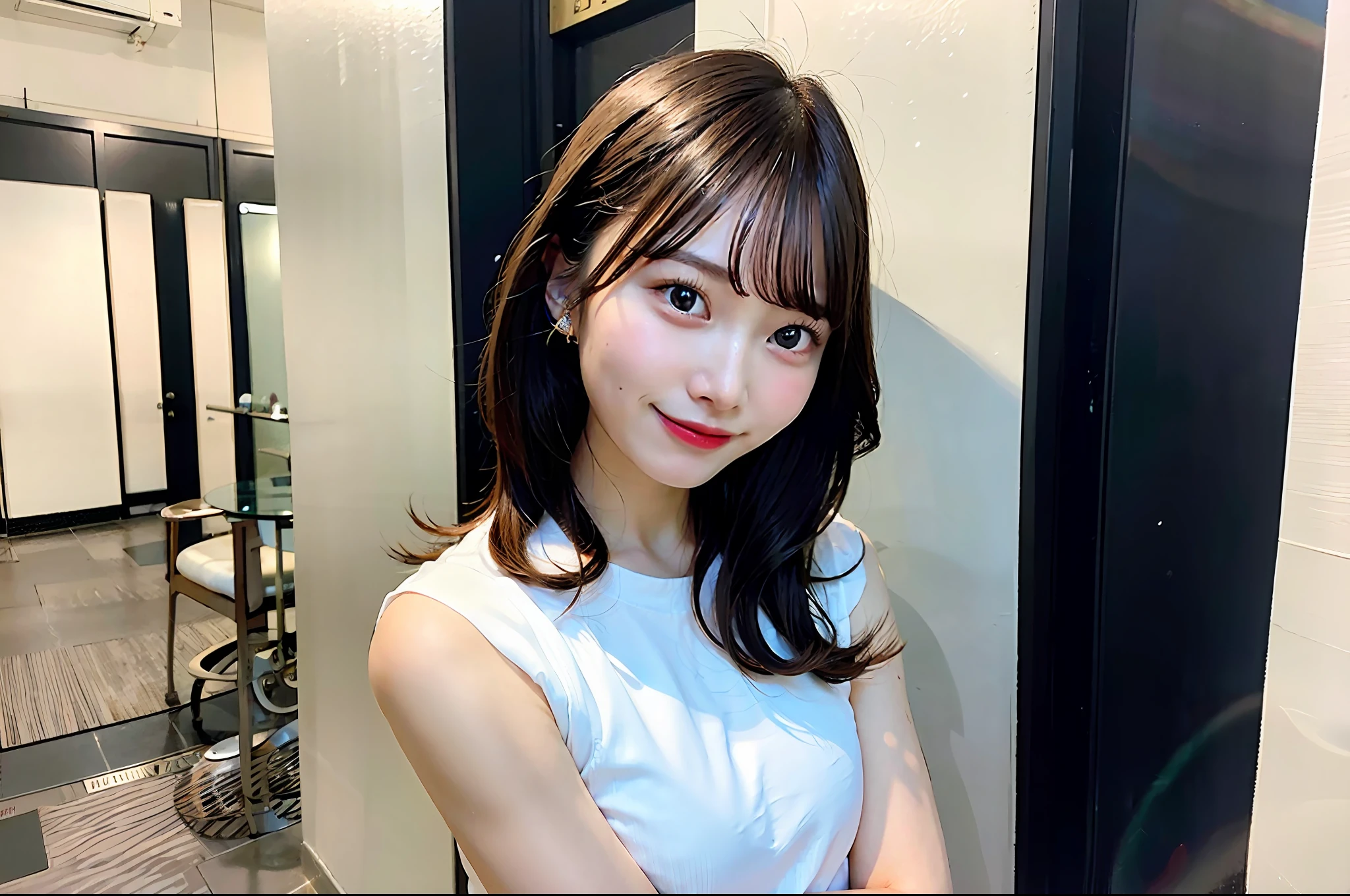 1 girl、solo、Parted lips、OL、business attire、 White background、Arms crossed in front、Spectator、a smiling look、upper half body