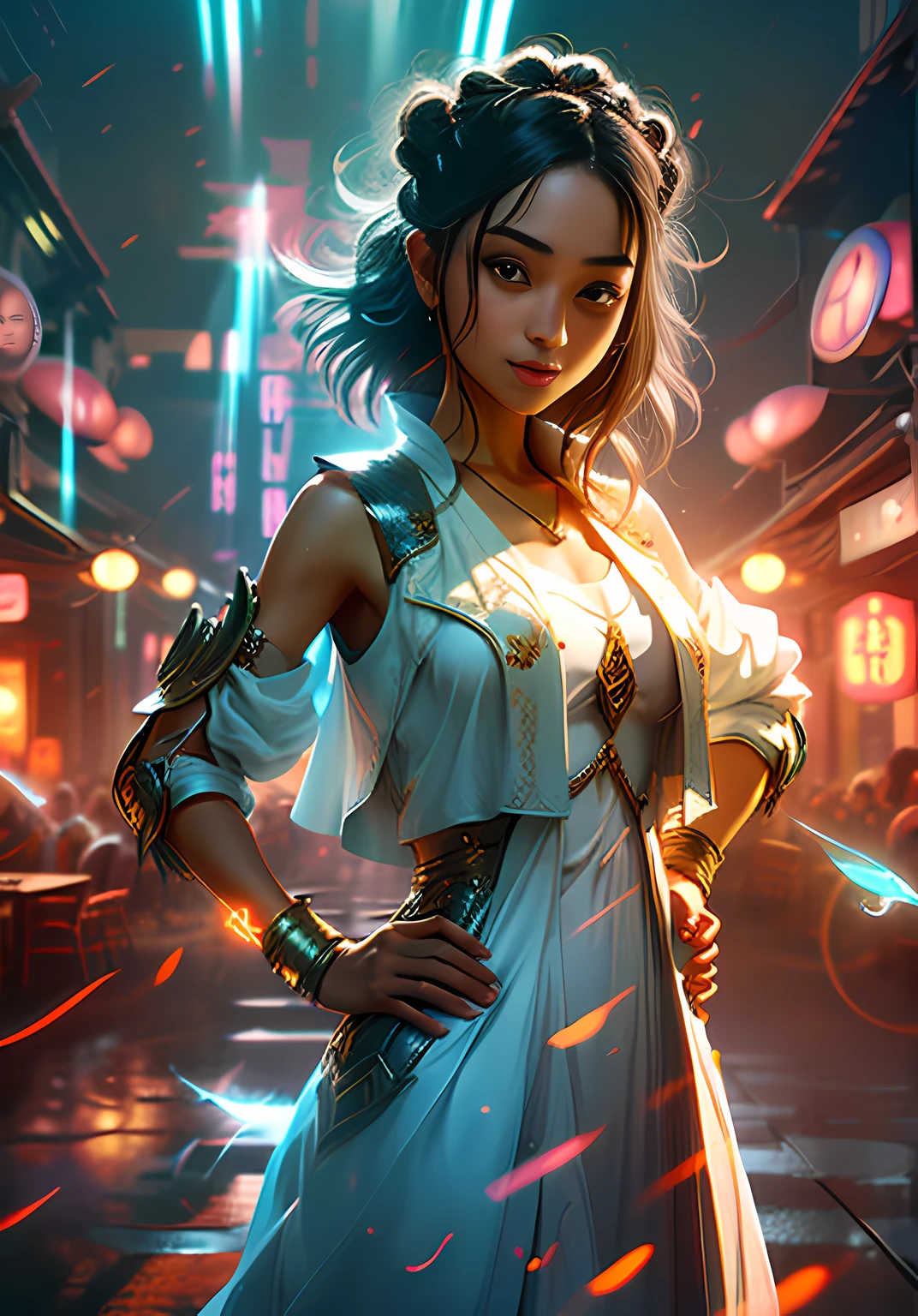 (Best Quality), (ultra- detailed), (Best Shadow), a 1girl, purple dress, white sleeveless jacket, pout, Hands on hips, A photo of a young, smiling. (light rays:1.3), taejune kim,