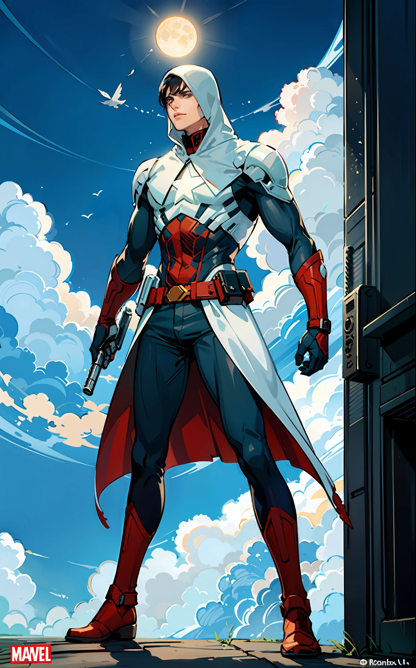 Create a book cover where a boy finds his part of the future with a moon knight style hero costume titled The Sun fall, with marvel comic style