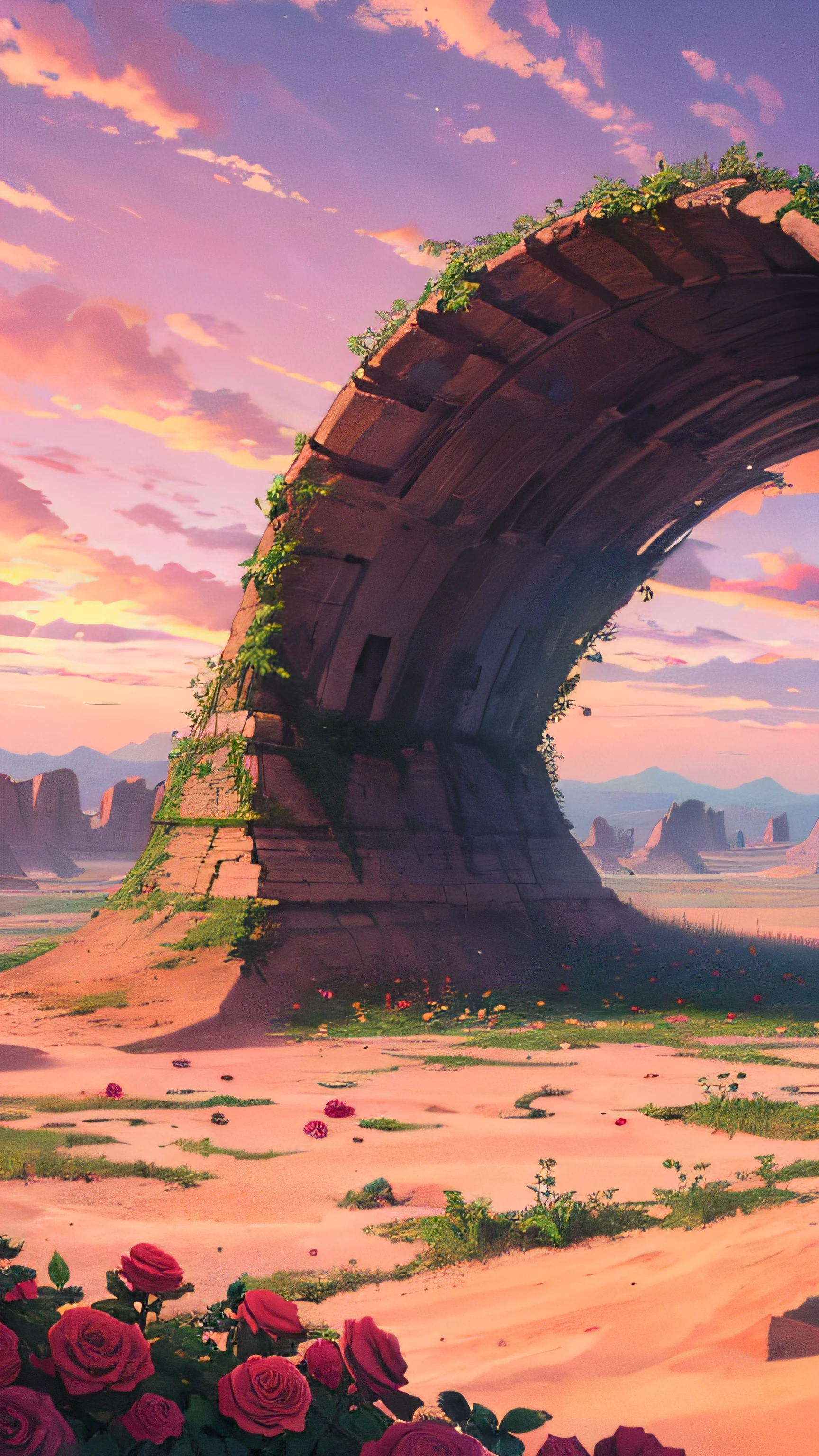 Summer, desert, pink clouds, a land overgrown with roses, James Gurney, art station rendering, ultra-wide lens, high definition