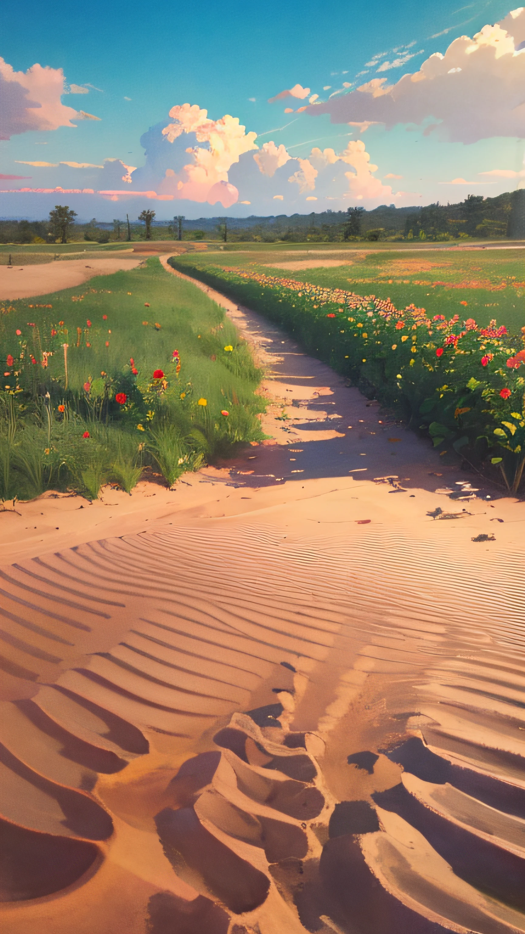 Summer, desert, pink clouds, a land overgrown with roses, James Gurney, art station rendering, ultra-wide lens, high definition