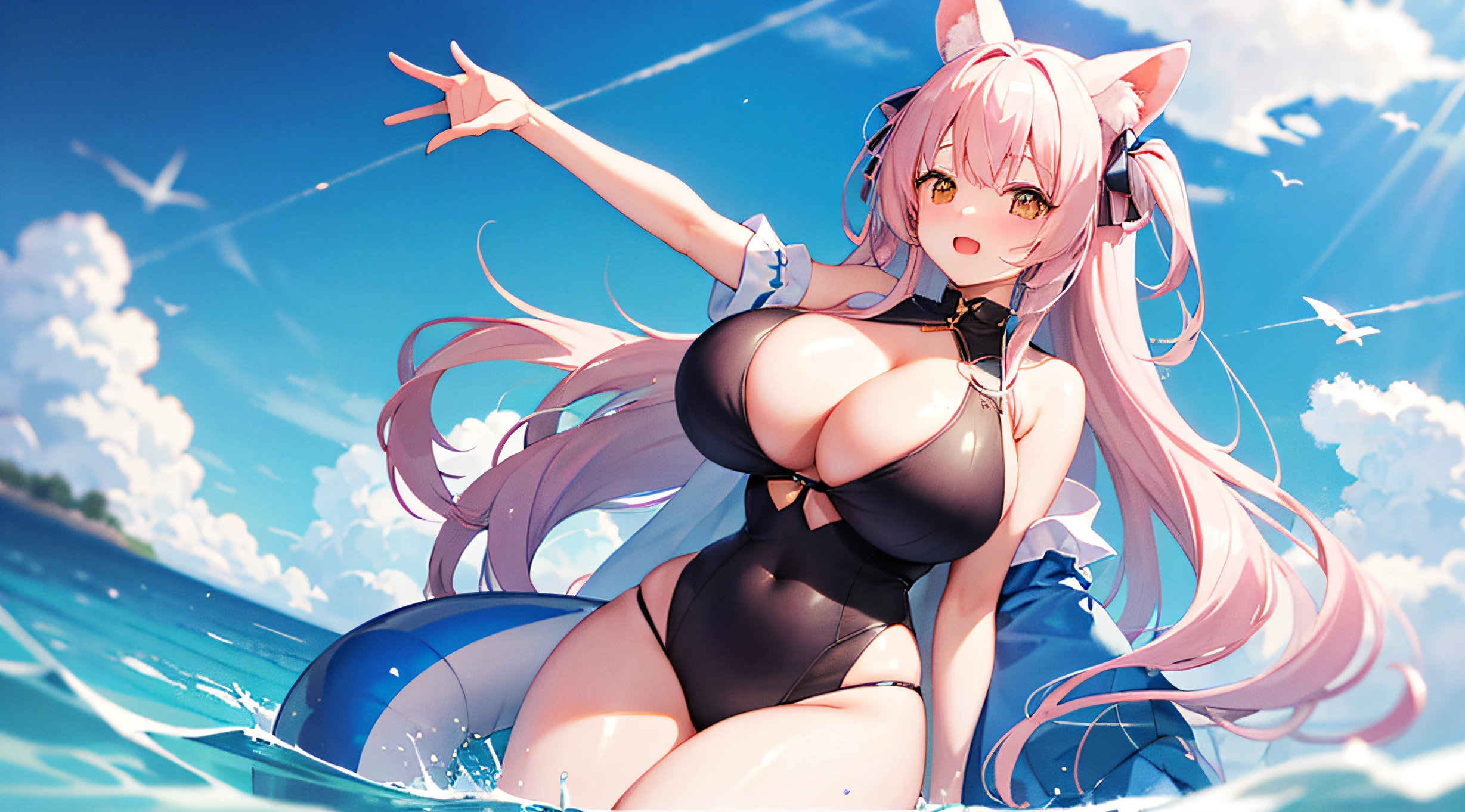 （（MasterPiece、The Highest Quality））、（1人）、pale pink hair、（OL））、bangs、gigantic Boobs、（full breasts）、that are about to fall to zero、slimness、smilling face、【Wide Hips】、Exterior、Standing、a be\（blue archive）、Tanuki ears、cleavage of the breast、swimsuits