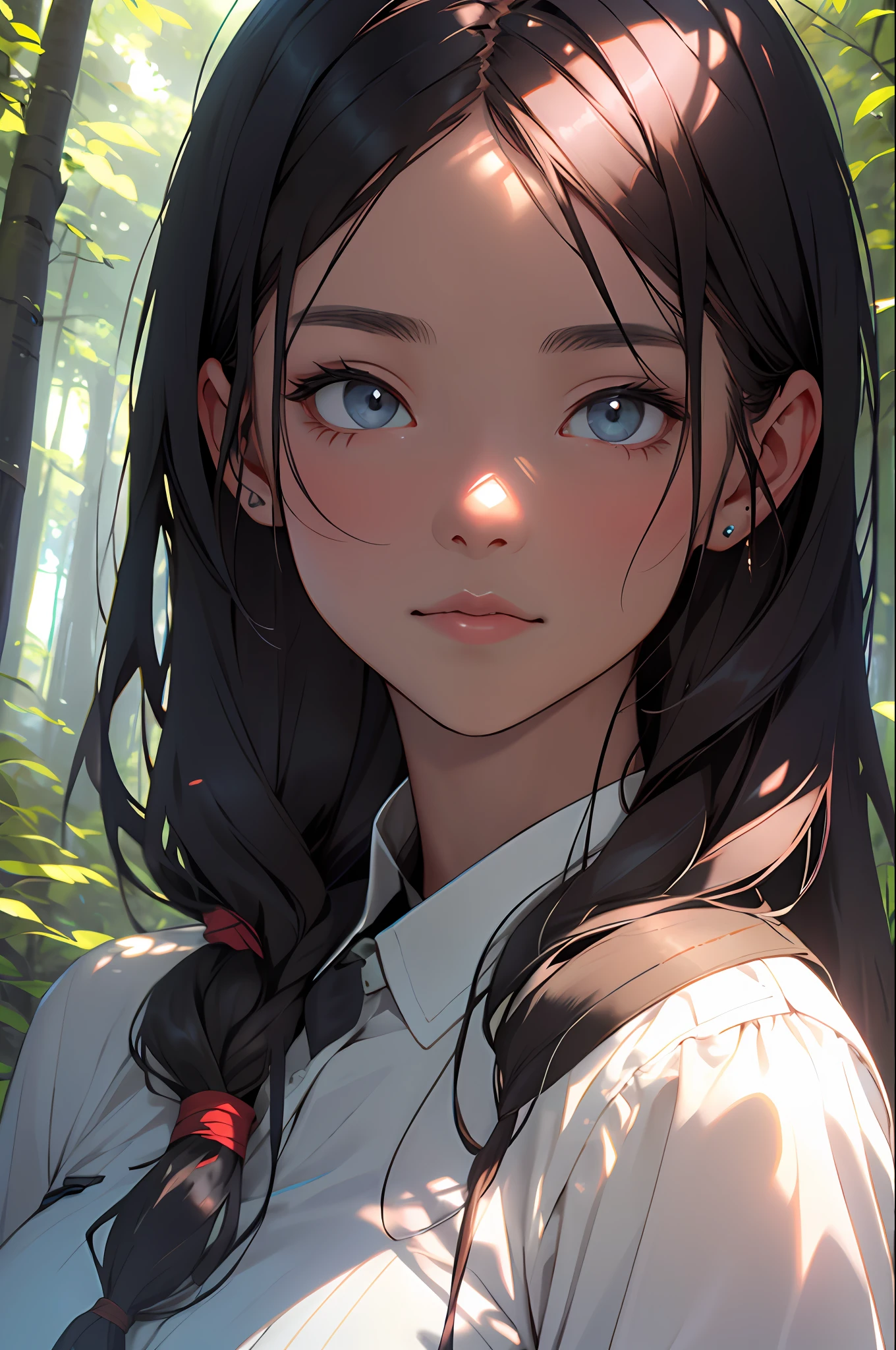 A girl in the forest with sunlight on her face