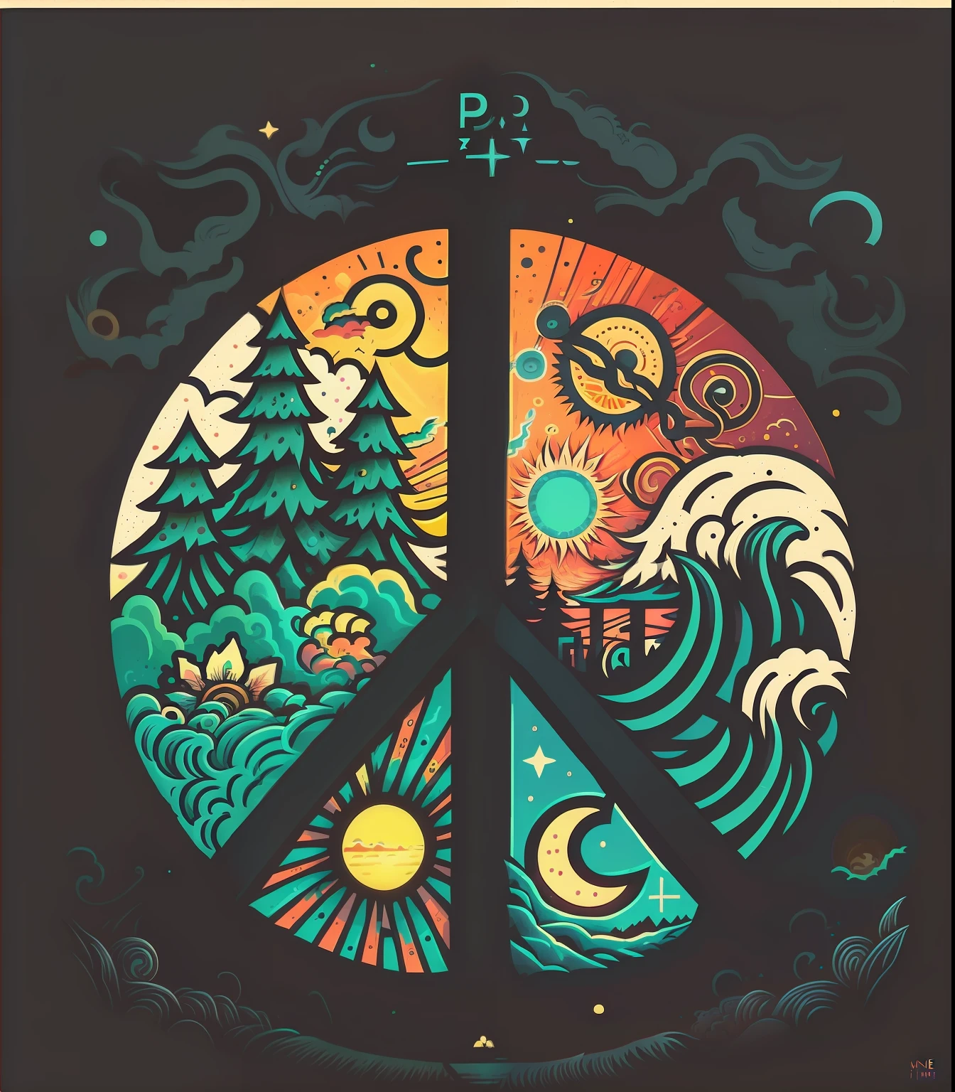 a close up of a peace sign with a picture of a wave and a sun, peace sign, peace and love, peaceful mood, very peaceful mood, peace atmopshere, world peace, hippie motifs, peacefull, peace, cottagecore hippie, love peace and unity, psychedelic illustration, profile picture, peaceful face, peaceful environment, jen bartel