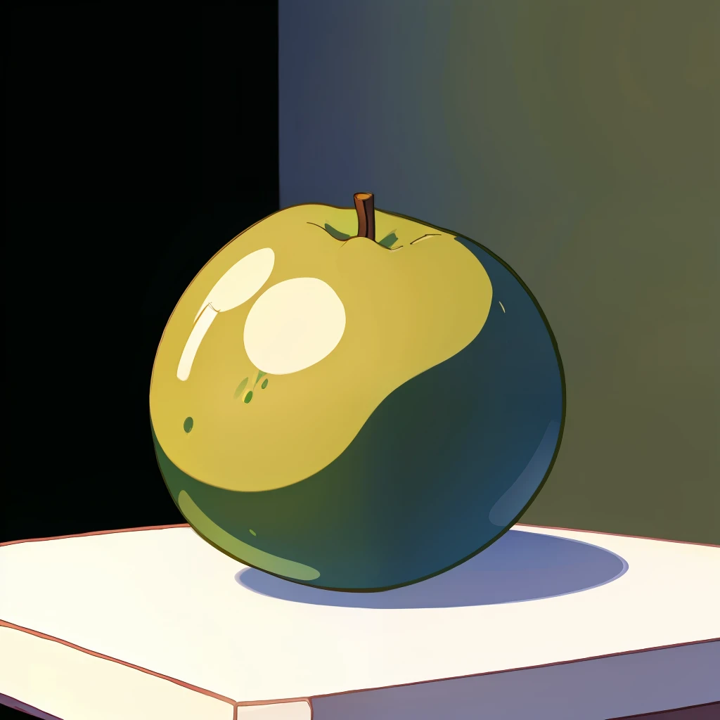Masterpiece, of the best quality, this is a fruit that appears pale green on the outside, smooth and shiny, the shape of the fruit resembles a round, cartoon, (white background: 1.6), (simple background: 1.2)