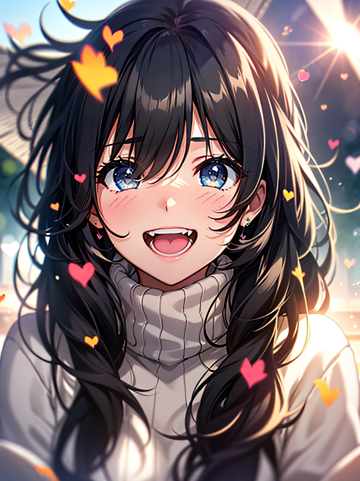 a boy , cosy sweater on, upper body,yellow eyes (huge Laughing:1.1), (open mouth:1.1), (wide open eyes:1.2), sun glare, bokeh, depth of field, blurry background, light particles, strong wind, (heart particles:1.1)