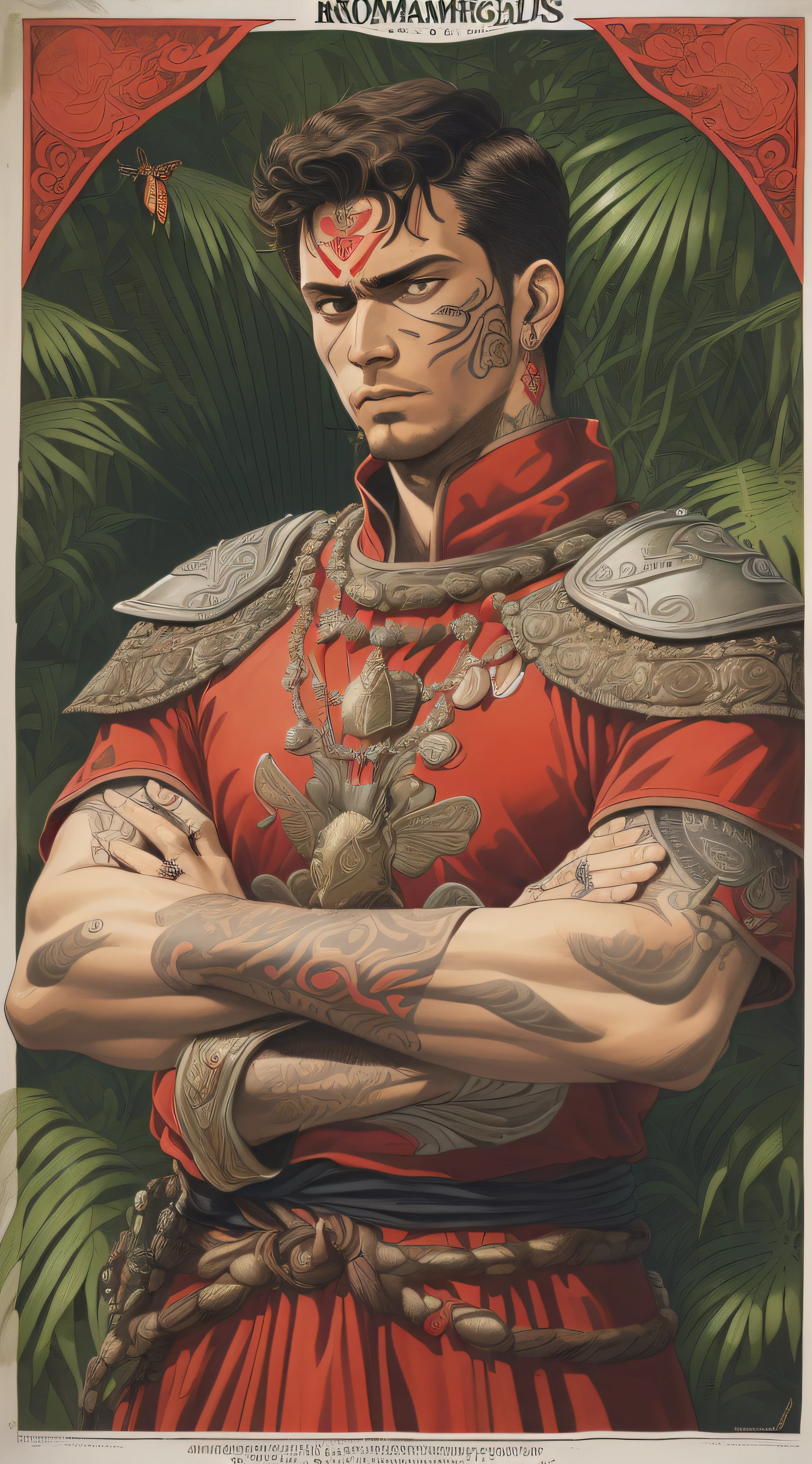 Masterpiece, ((realistic)), (((Moebius Jean Giraud))), ((propaganda poster)), (((Half body portrait of young, very brown, rascal, arrogant, male, roman legionnaire, crossed arms, wearing black and red silken roman uniform with detailed ronin elements, face tattoos, red diamond jewelry))) (((jungle background, moths)))