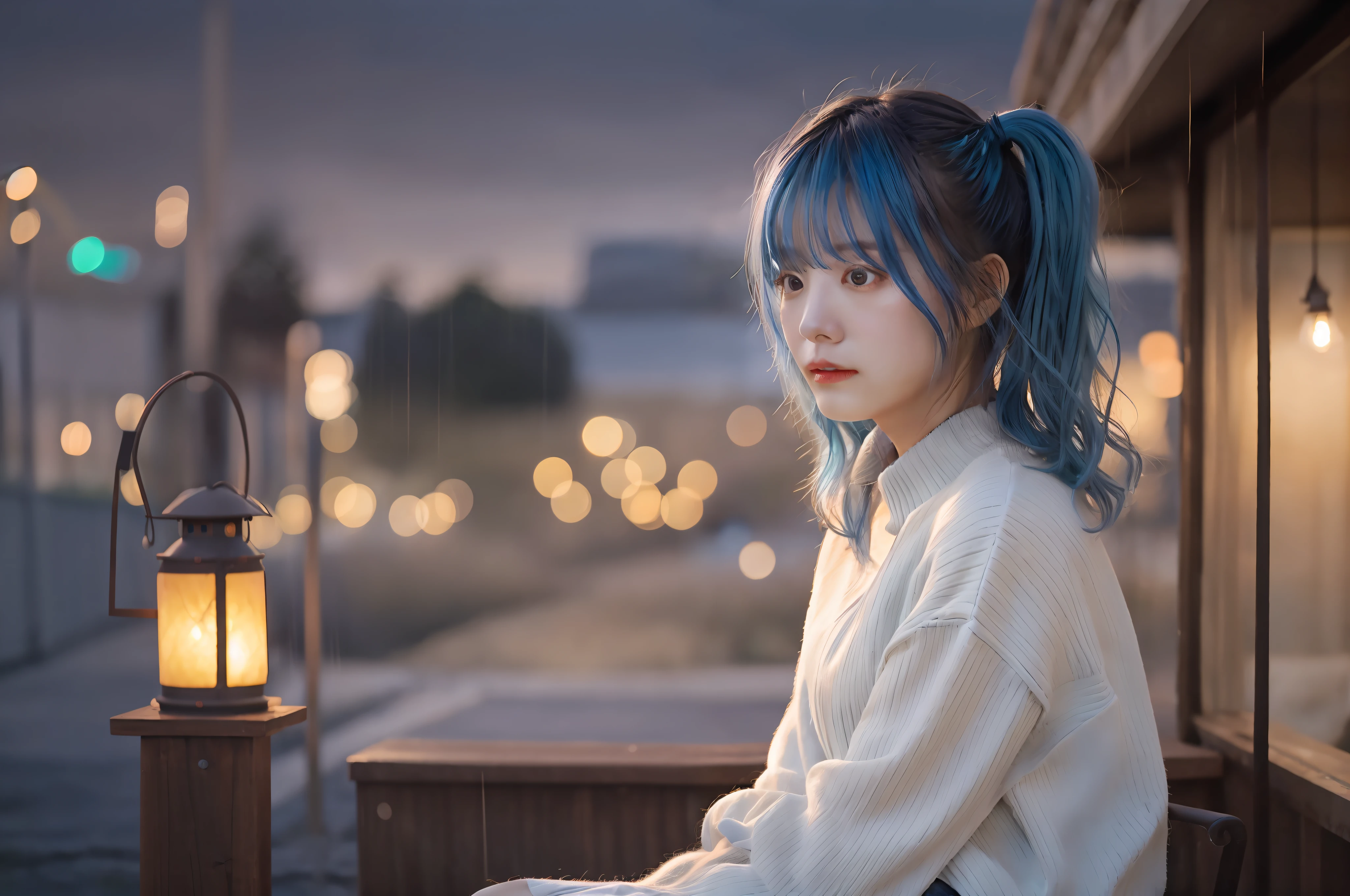 masterpiece, Best quality, One girl, upper body, sitting, swept bangs, medium hair, twin tails, blue hair, sweater, fluffy, outdoors, rain, lantern, landscape, blurred background,real Live action