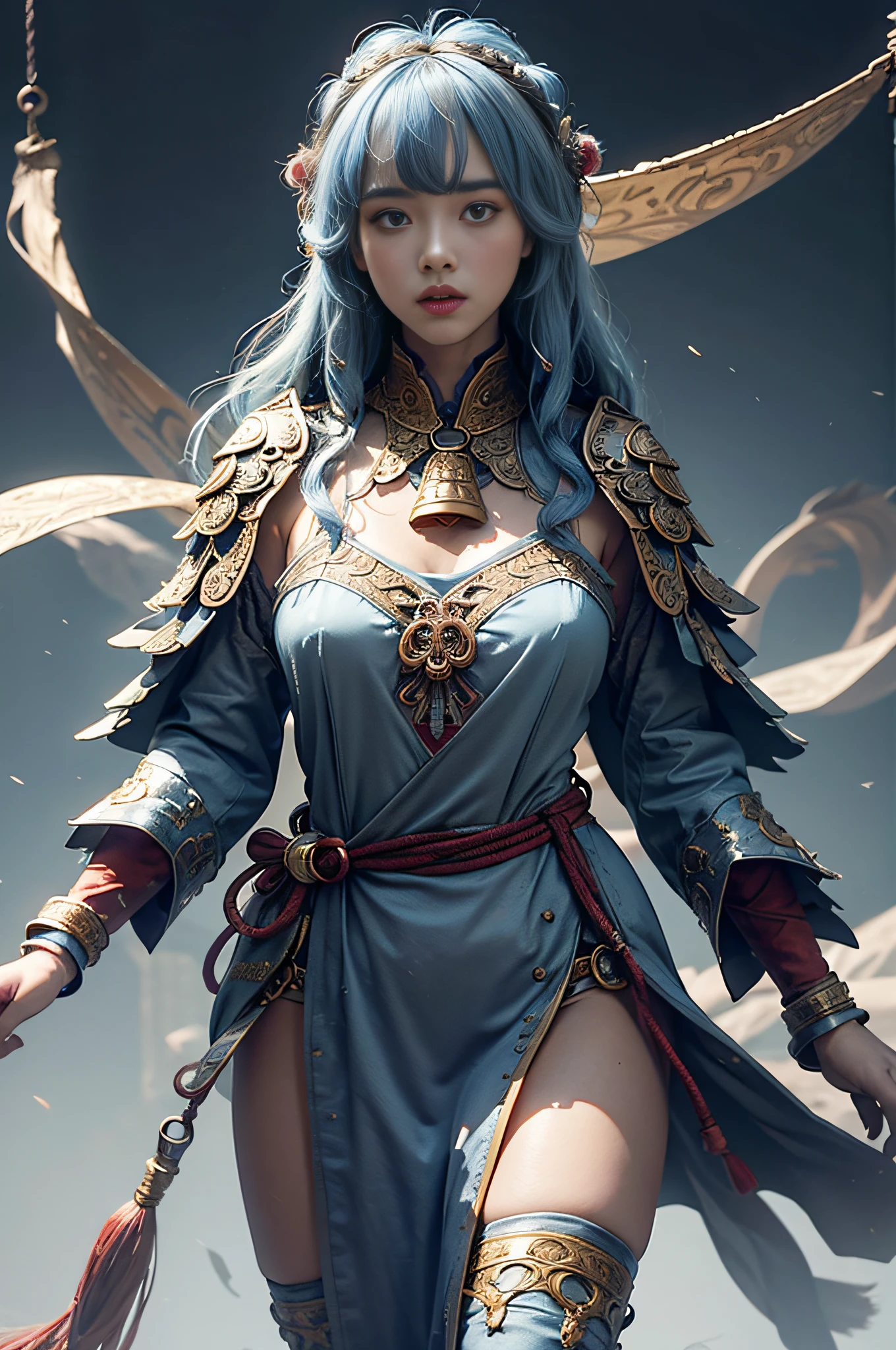 ((Jeizuo))),(((best qualit))),((super-detailed)),(a hyper realistic),(Highly detailed CG illustration),Movie light,Lifelike,(ganyu),Very beautiful young lady,whirlwind,A bell hangs on his chest,(Beautiful face and lips),Light makeup,Intricate details EBA,lightblue hair,Blue cloak,Popular on artstation,big thighs,full body photos