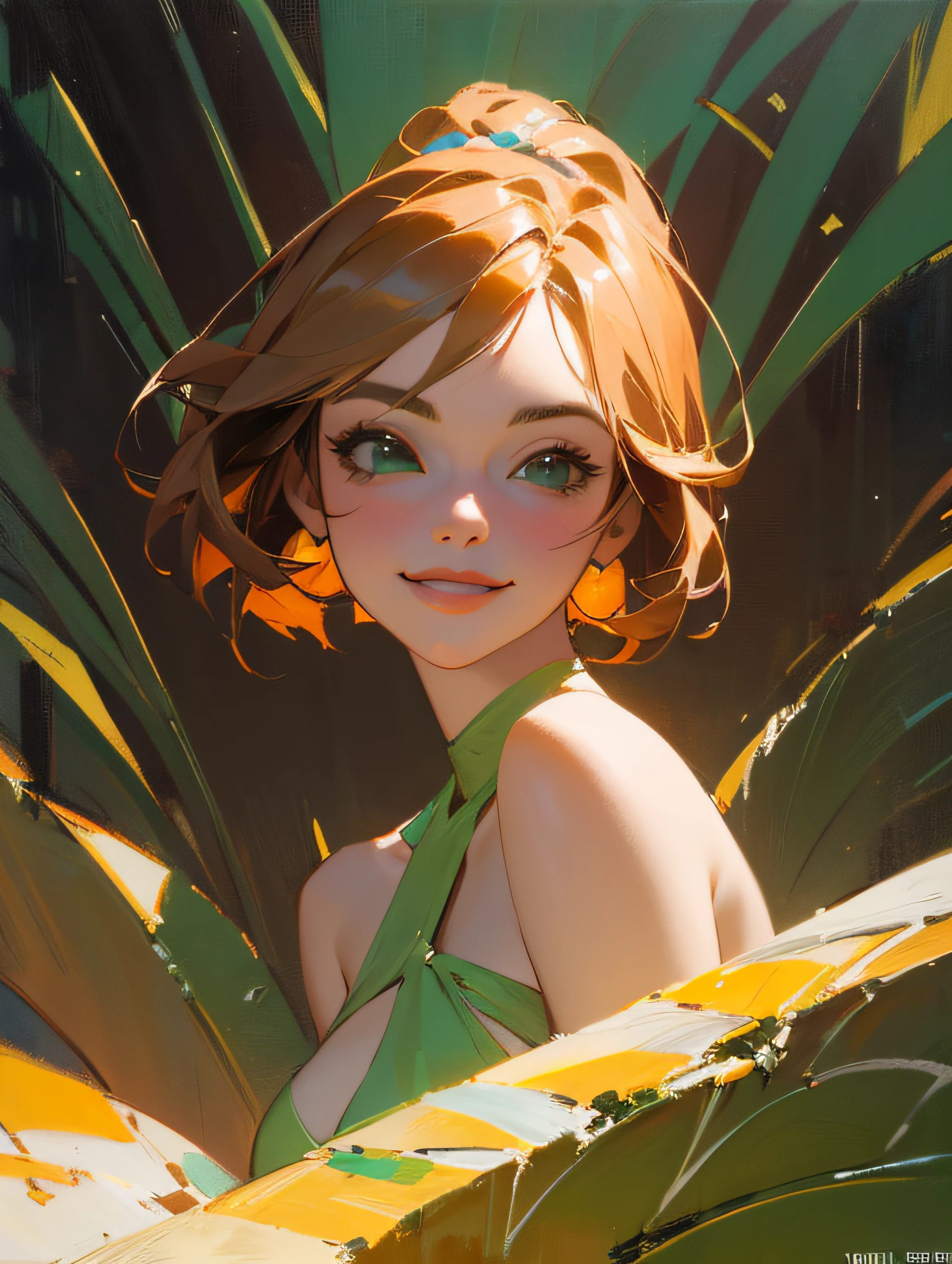 Portrait of an actress person with gorgeous dress Actress Emma Stone, mulher (((25 anos))) mulher, sorriso atrevido, NSFW, impression , ((oil painting by John Berkey)) Pinceladas, negative space, tom verde e laranja