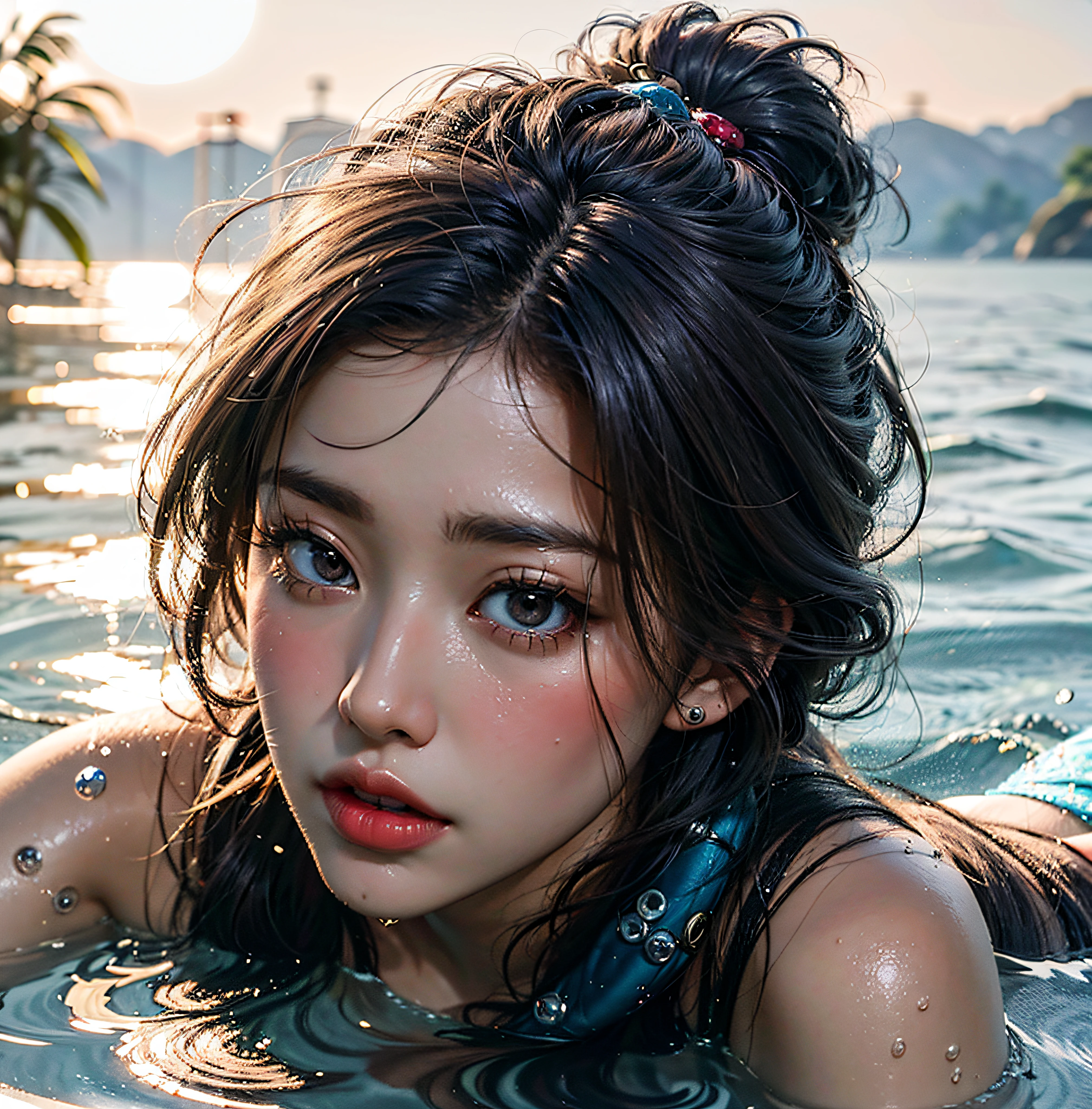 There is a young girl in a bikini lying swimming in the water, artwork in the style of guweiz, guweiz, by Yang J, trending on cgstation, inspired by Yanjun Cheng, 🌺 cgsociety, realistic art style, author:yanjun cheng, beautiful digital artwork, yanjun cheng, author:Russell Dongjun Lu